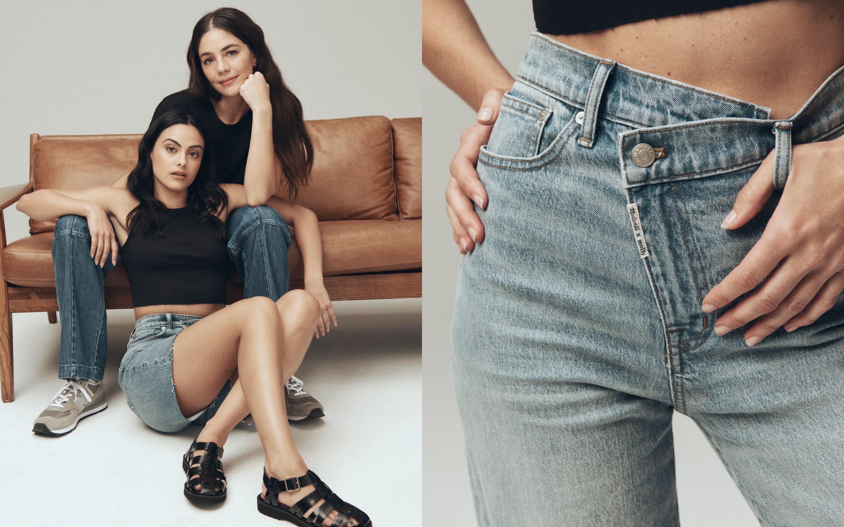 man with long brown hair and hat lounging on a large cream couch in light wash jeans and a grey t-shirt