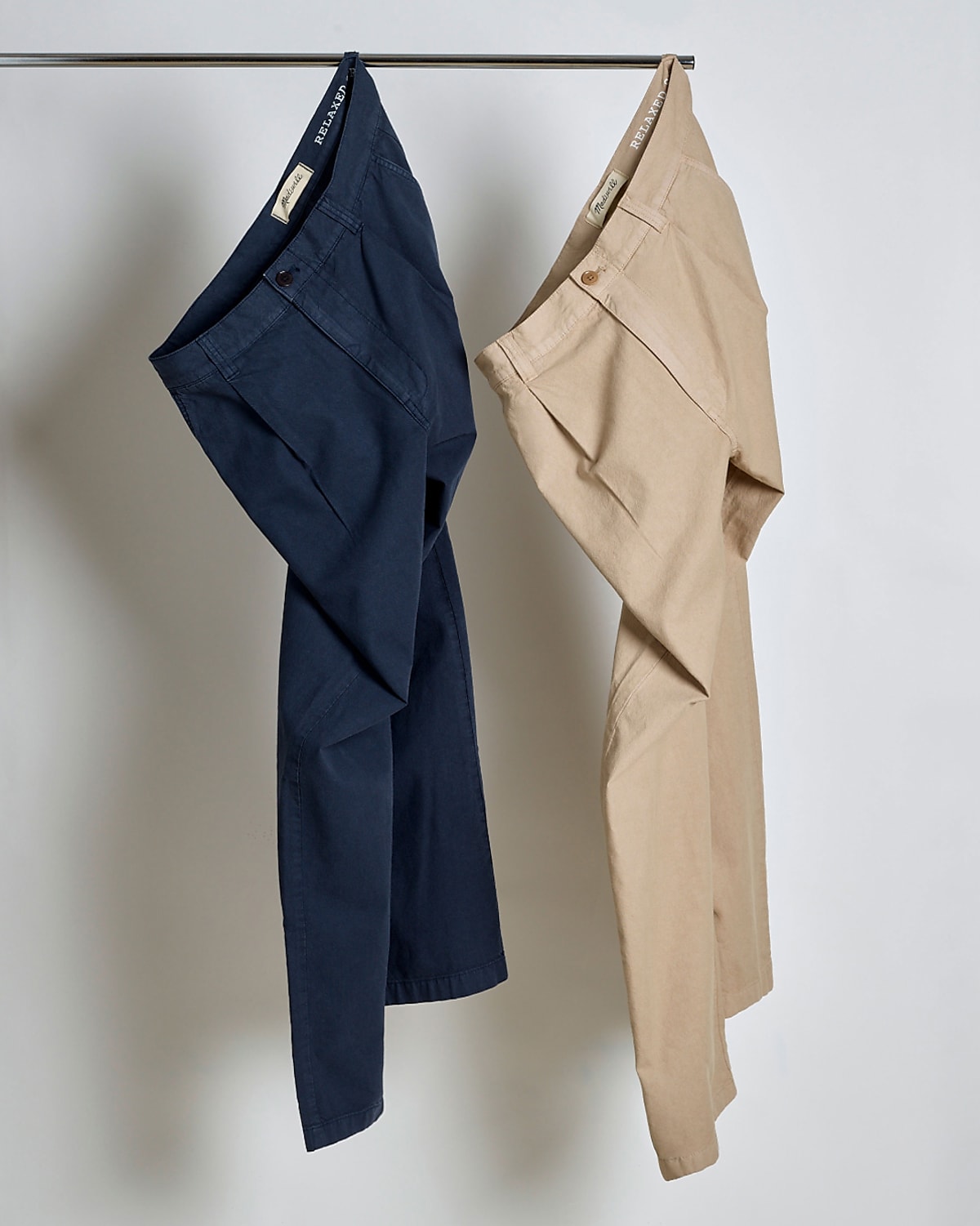navy and beige trousers
