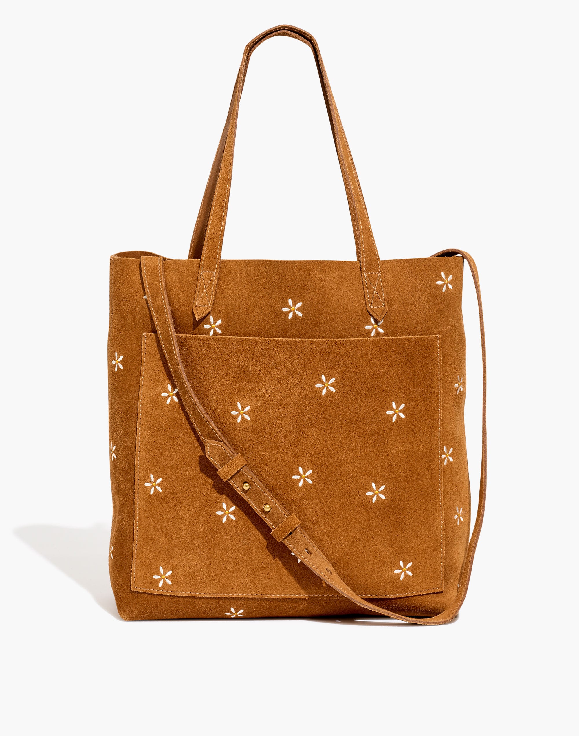 the medium transport tote: daisy embroidered suede edition