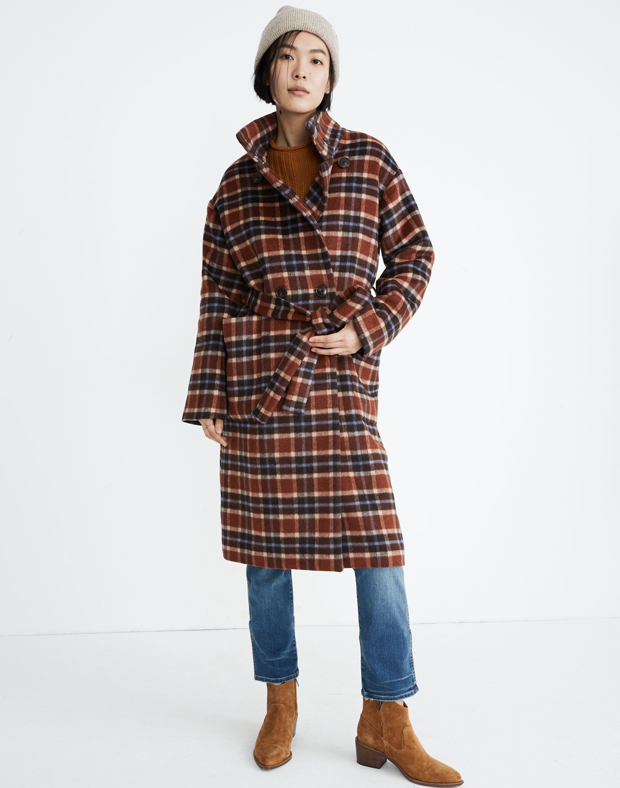 plaid long belted coat