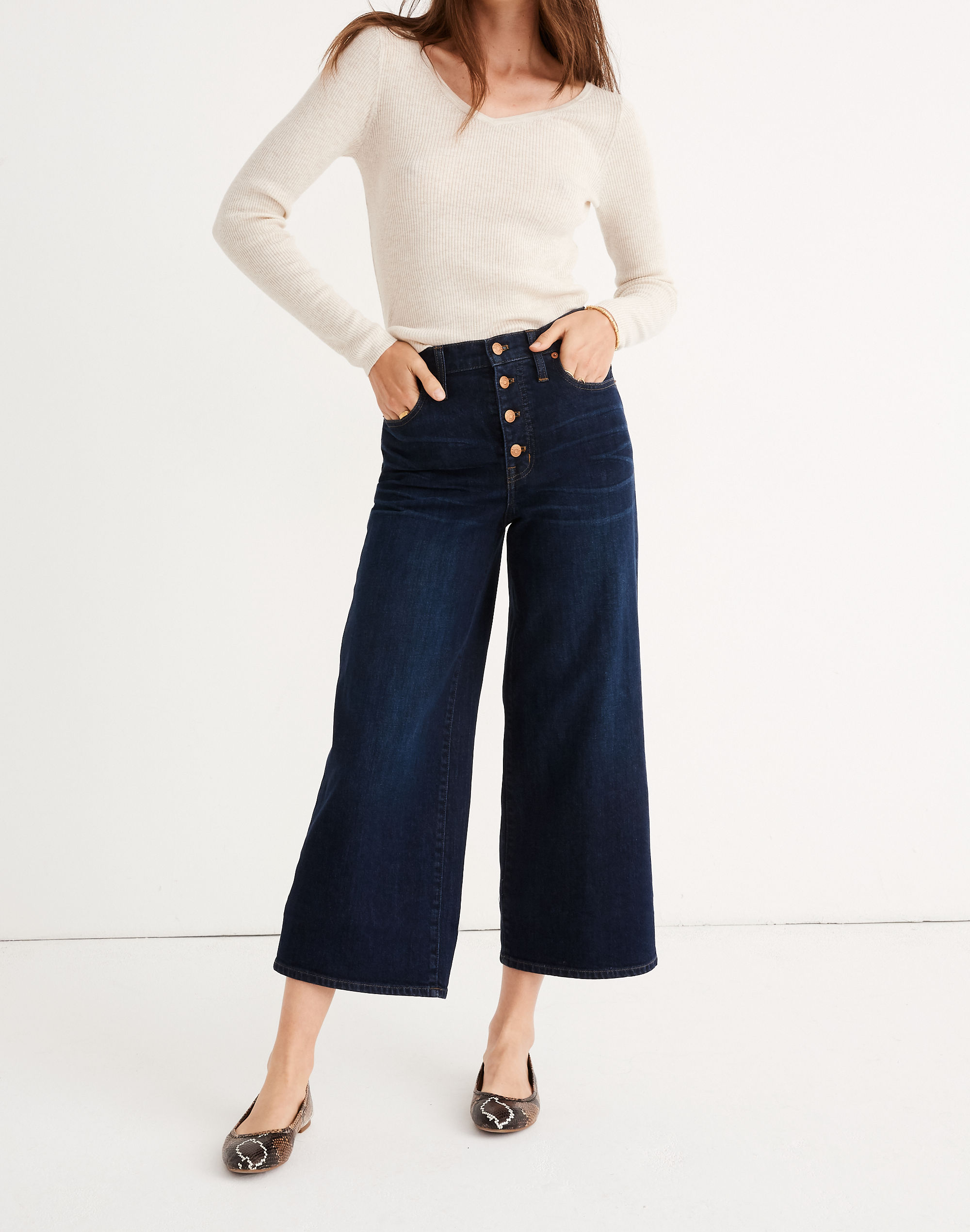 Wide-Leg Crop Jeans in Hayes Wash: Button-Front Edition
