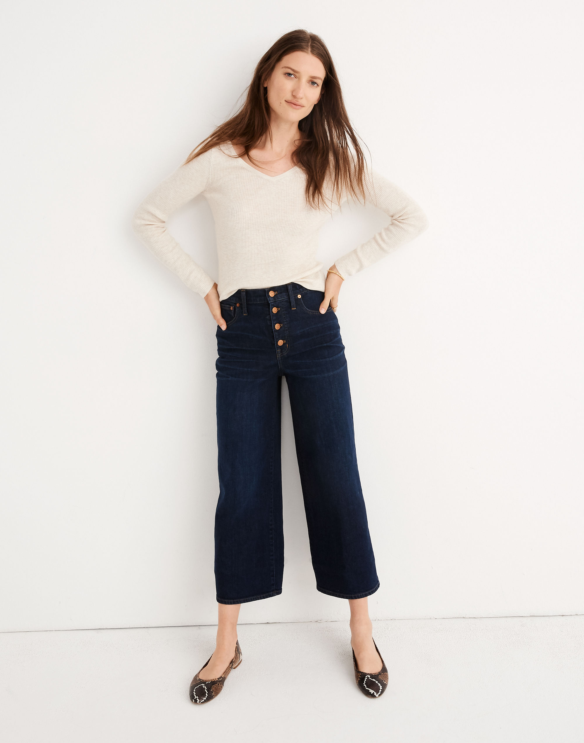 Wide-Leg Crop Jeans in Hayes Wash: Button-Front Edition