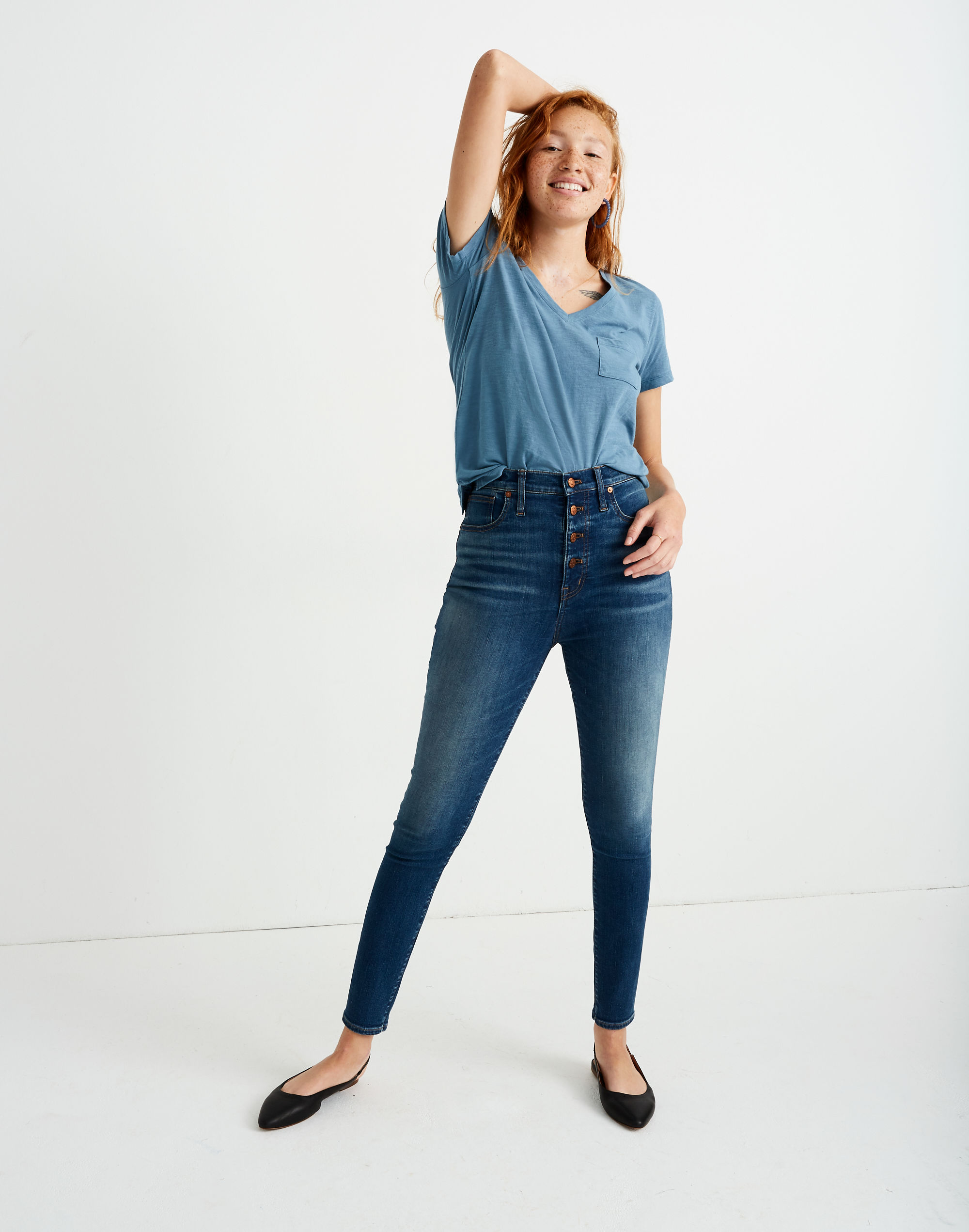 11 high-rise skinny jeans in ames wash: button-front edition