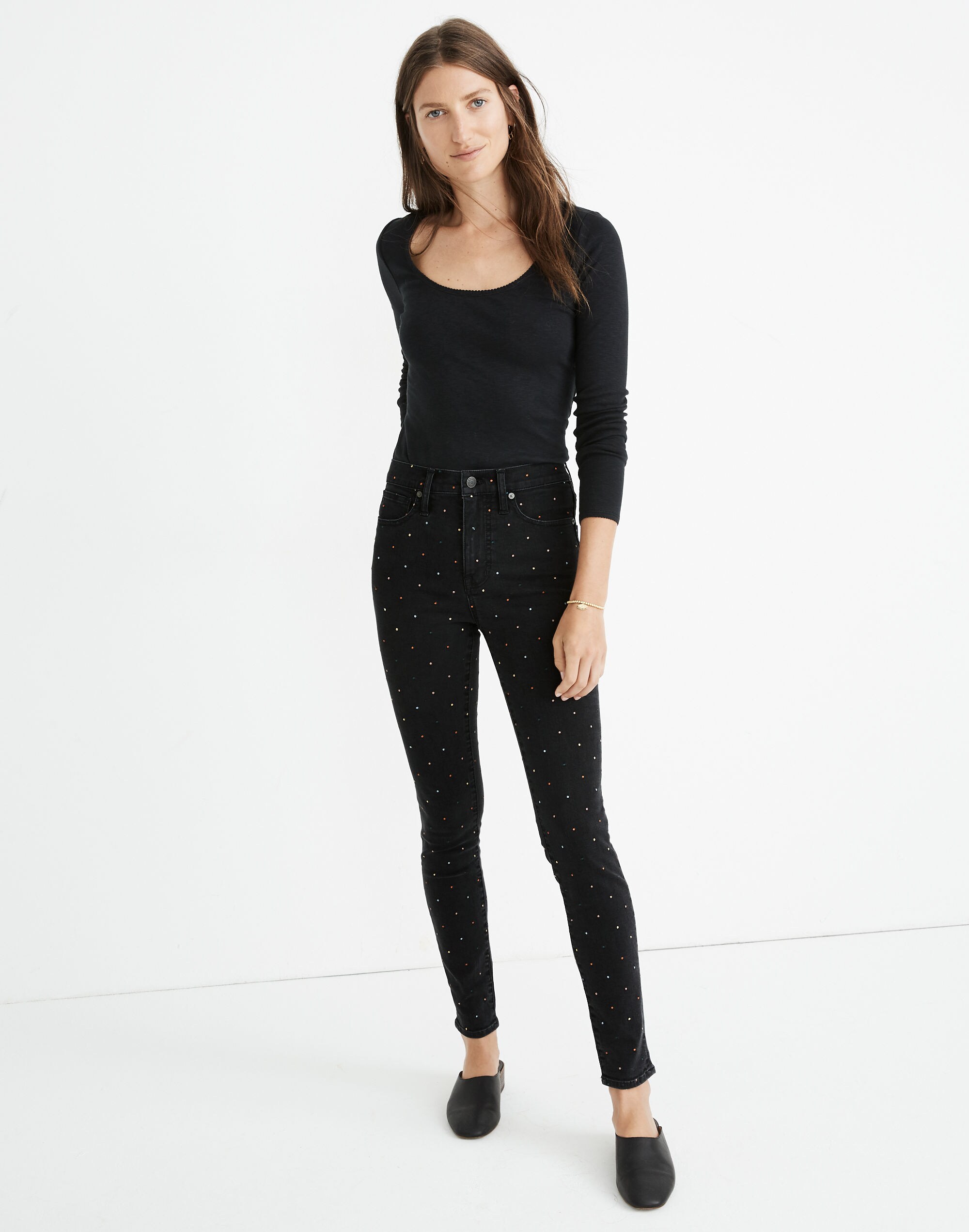 "10"" High-Rise Skinny Jeans: Metallic Rainbow Dot Edition"