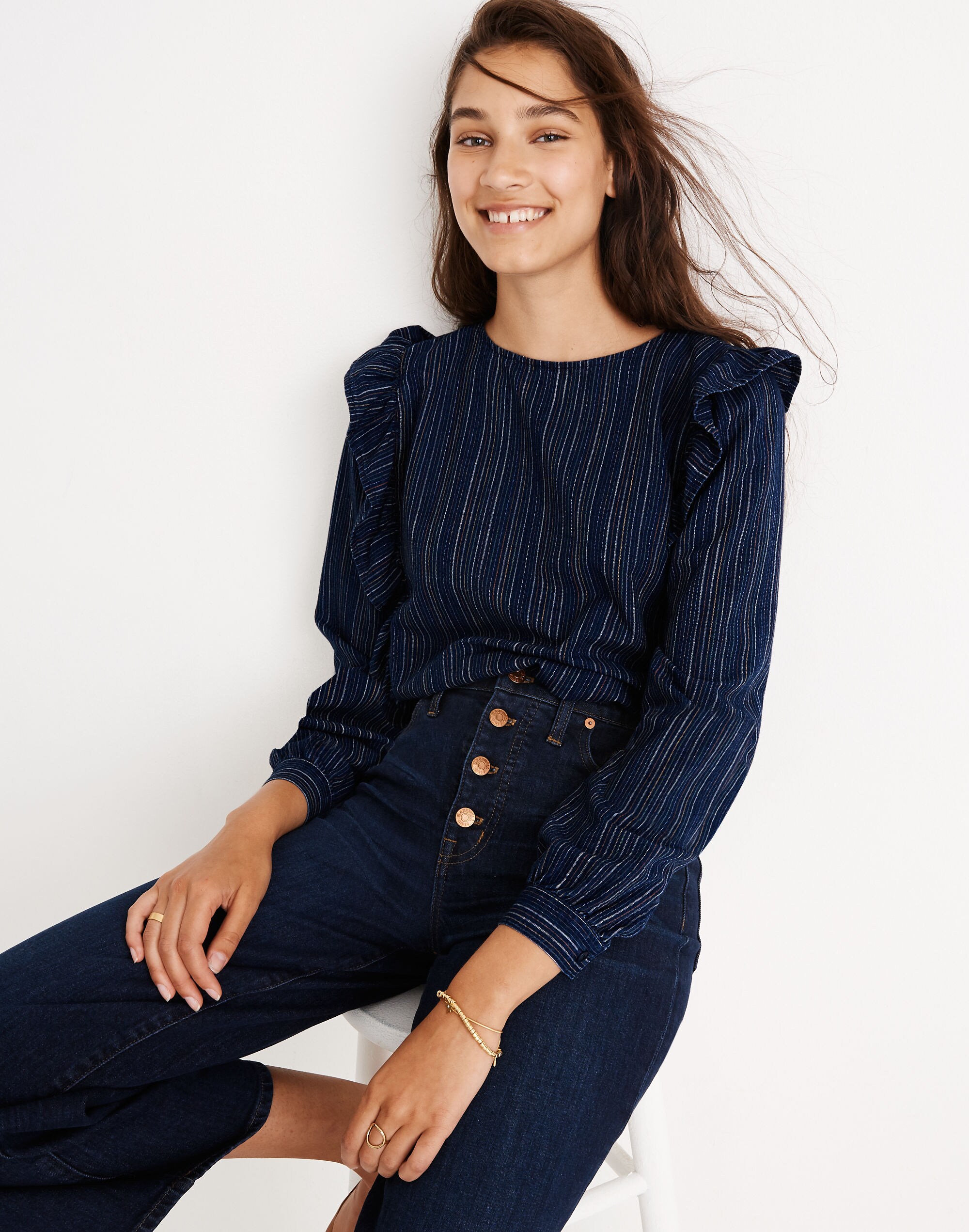 Ruffle-Front Shirt in Cecile Stripe