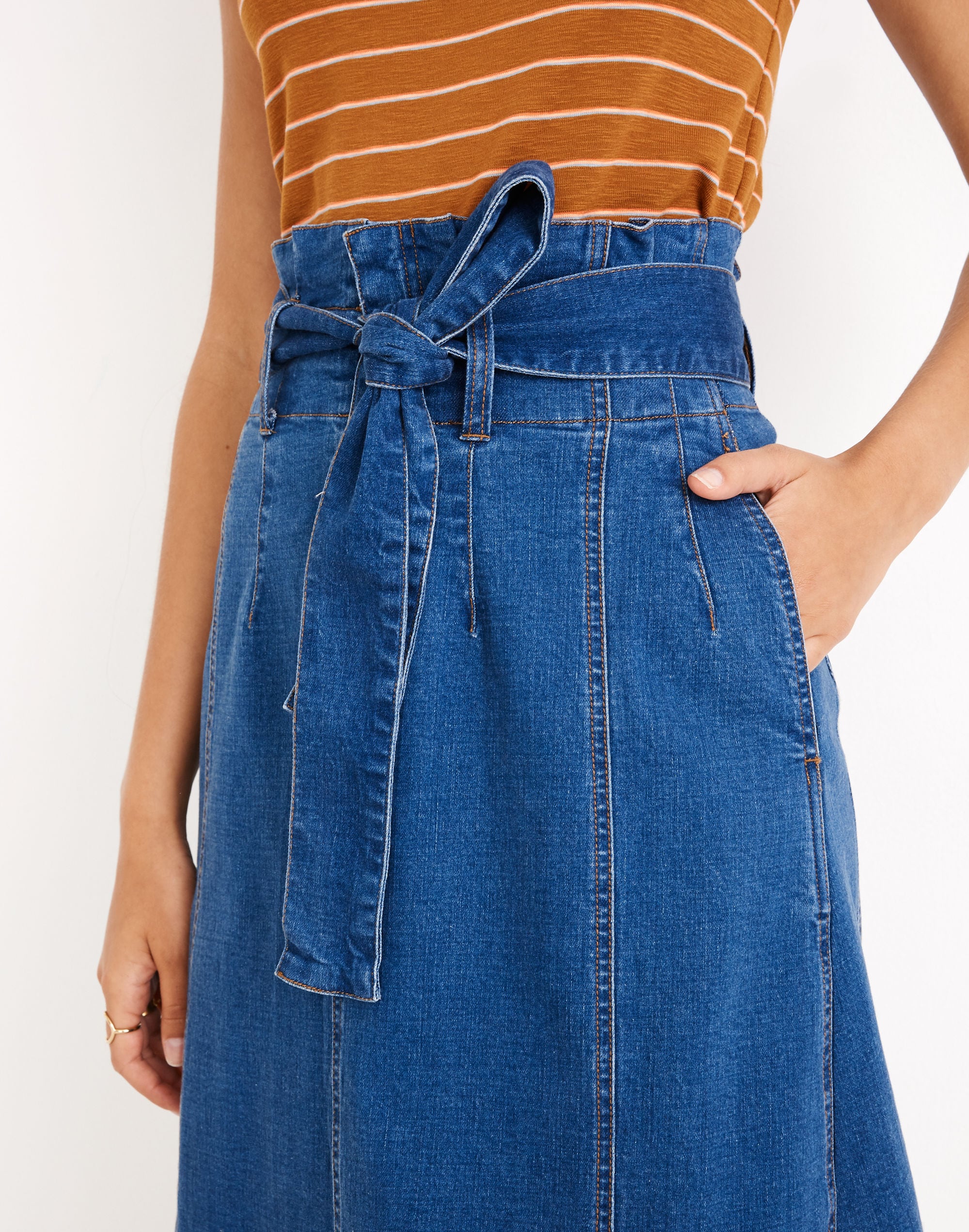 Stretch Denim Paperbag Midi Skirt in Indigo Wash