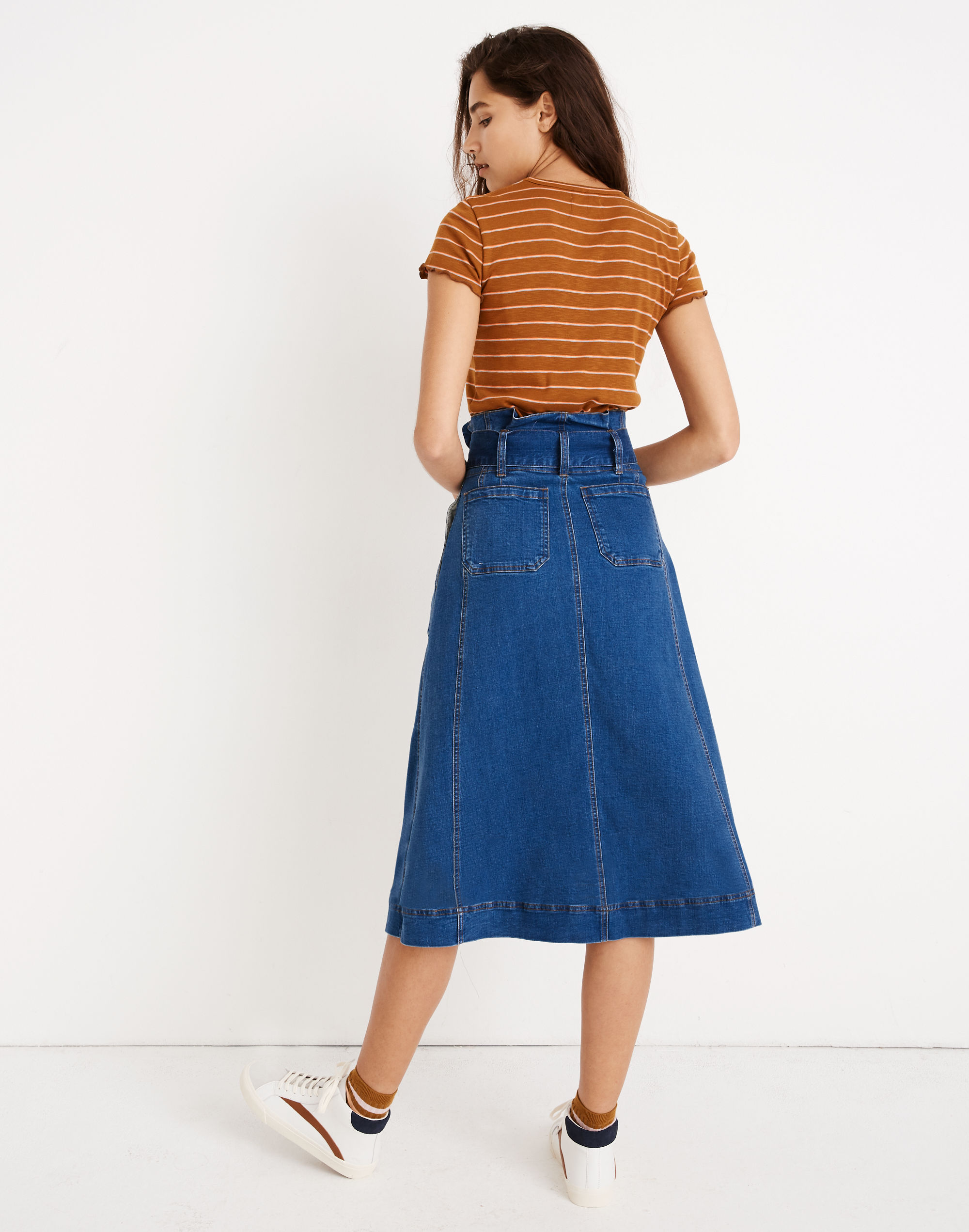 Stretch Denim Paperbag Midi Skirt in Indigo Wash
