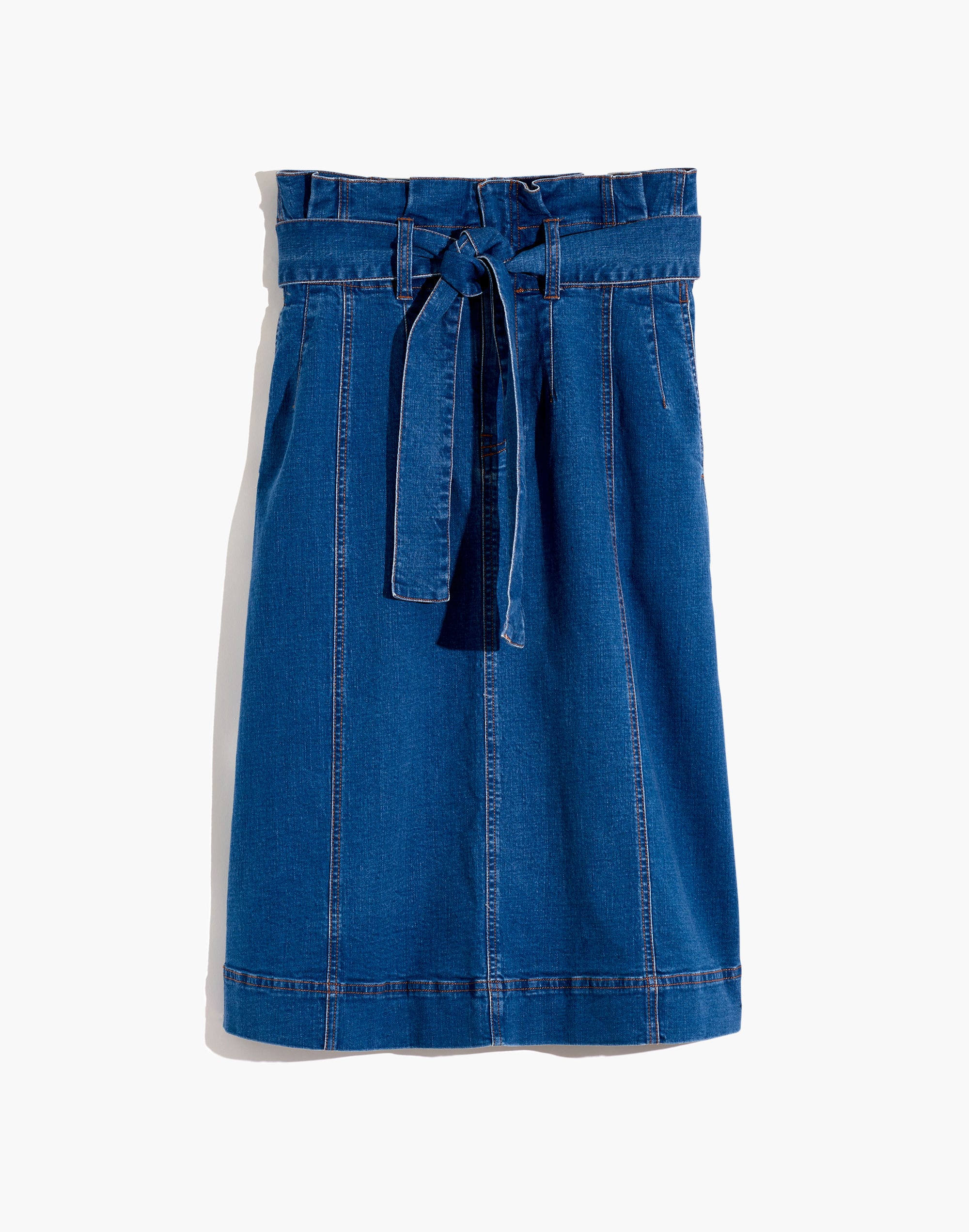 Stretch Denim Paperbag Midi Skirt in Indigo Wash