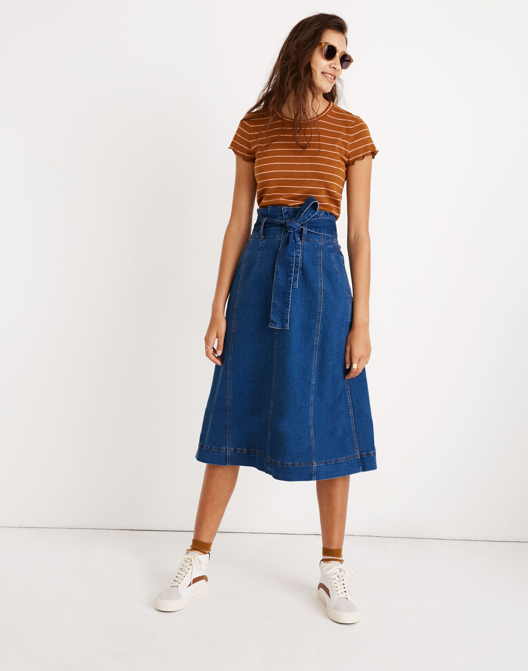 Stretch Denim Paperbag Midi Skirt in Indigo Wash