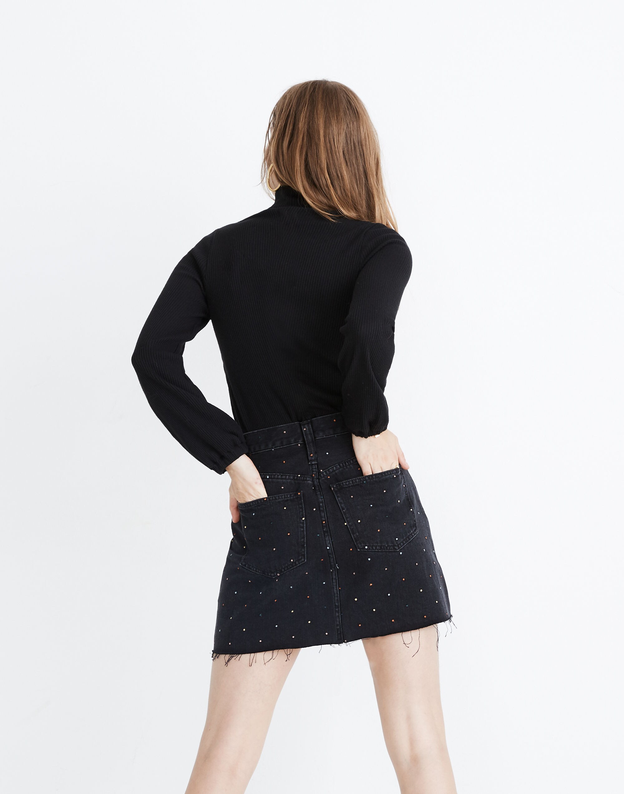 Rigid Denim A-Line Mini Skirt: Metallic Rainbow Dots Edition