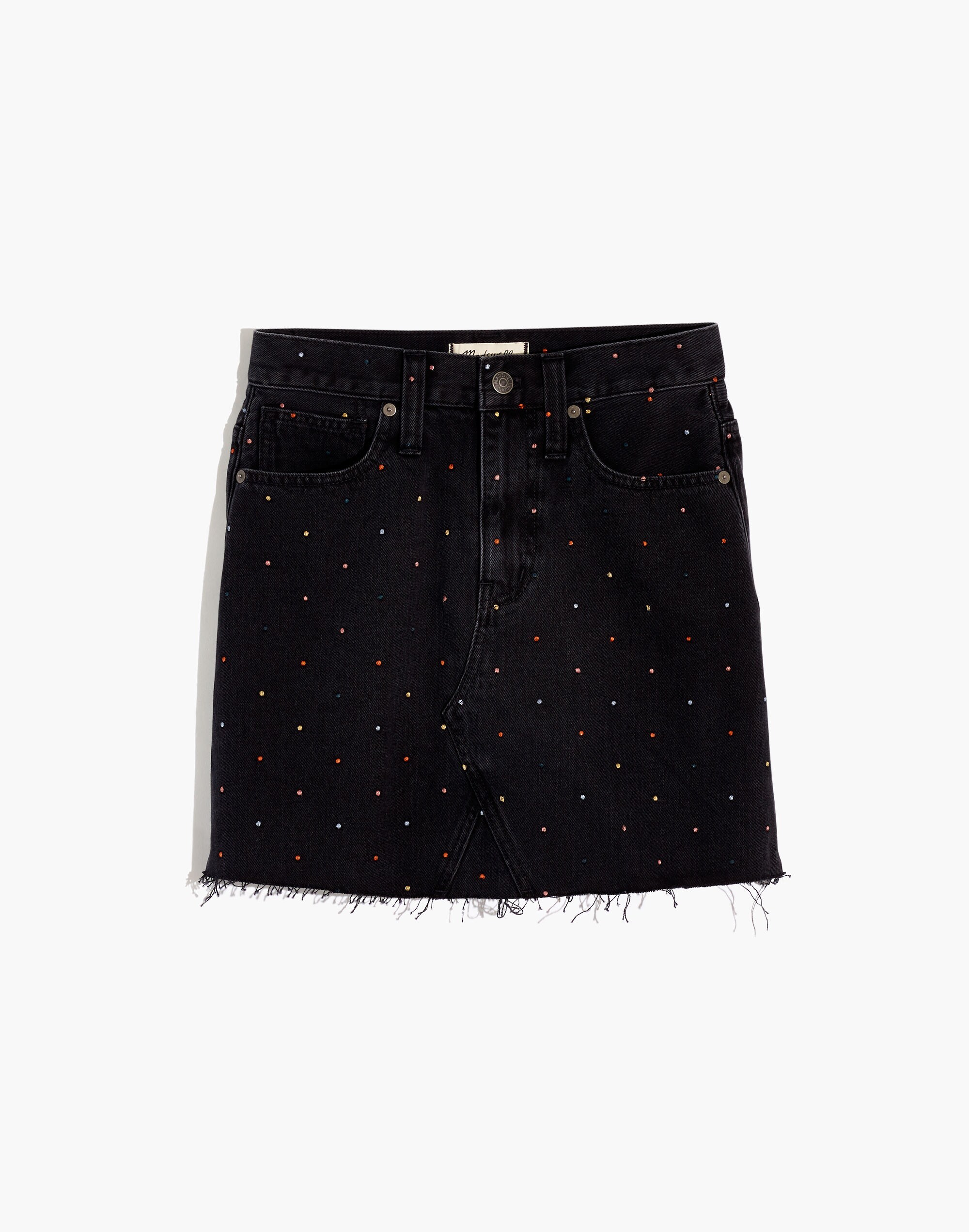 Rigid Denim A-Line Mini Skirt: Metallic Rainbow Dots Edition