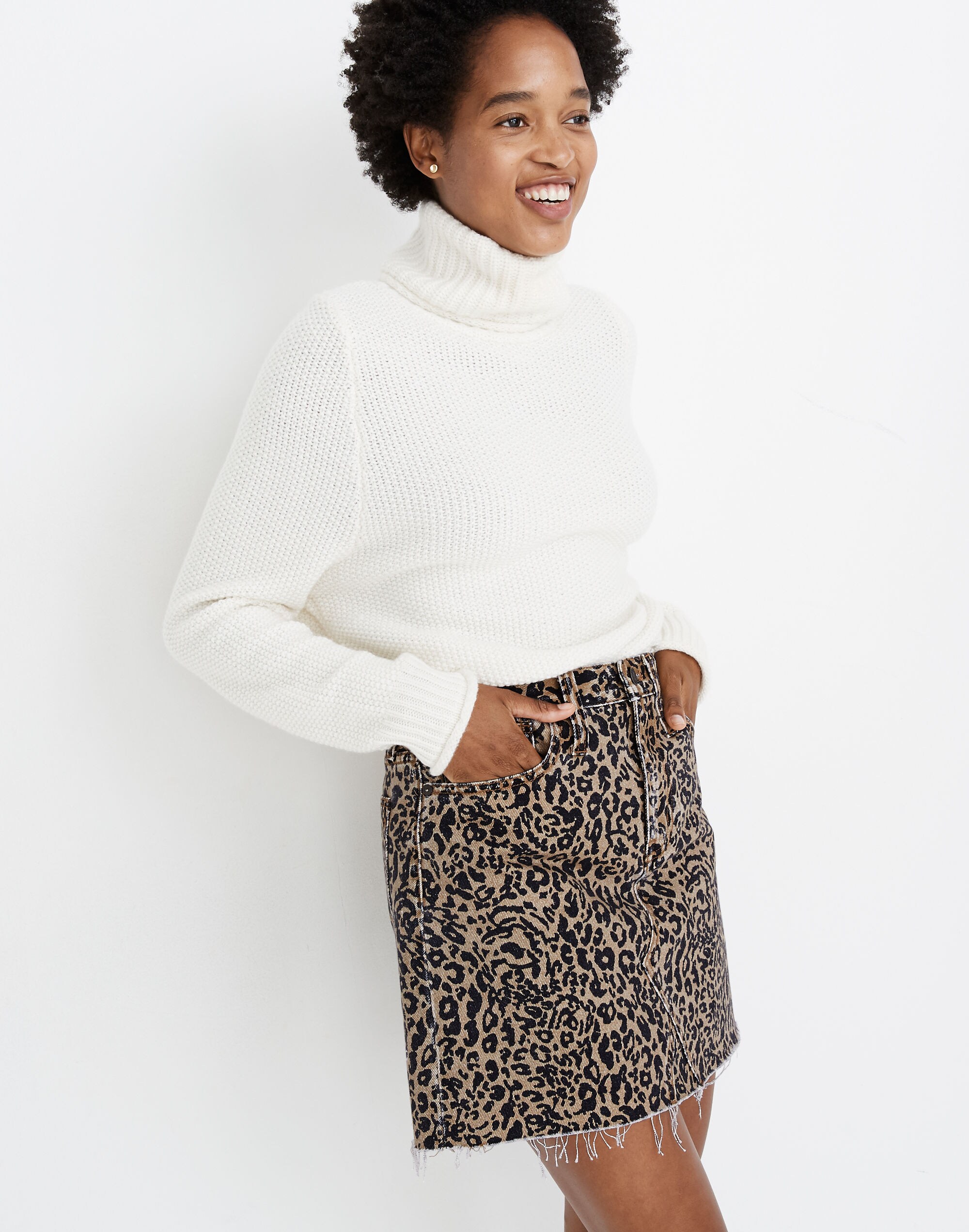 Rigid Denim A-Line Mini Skirt in Leopard