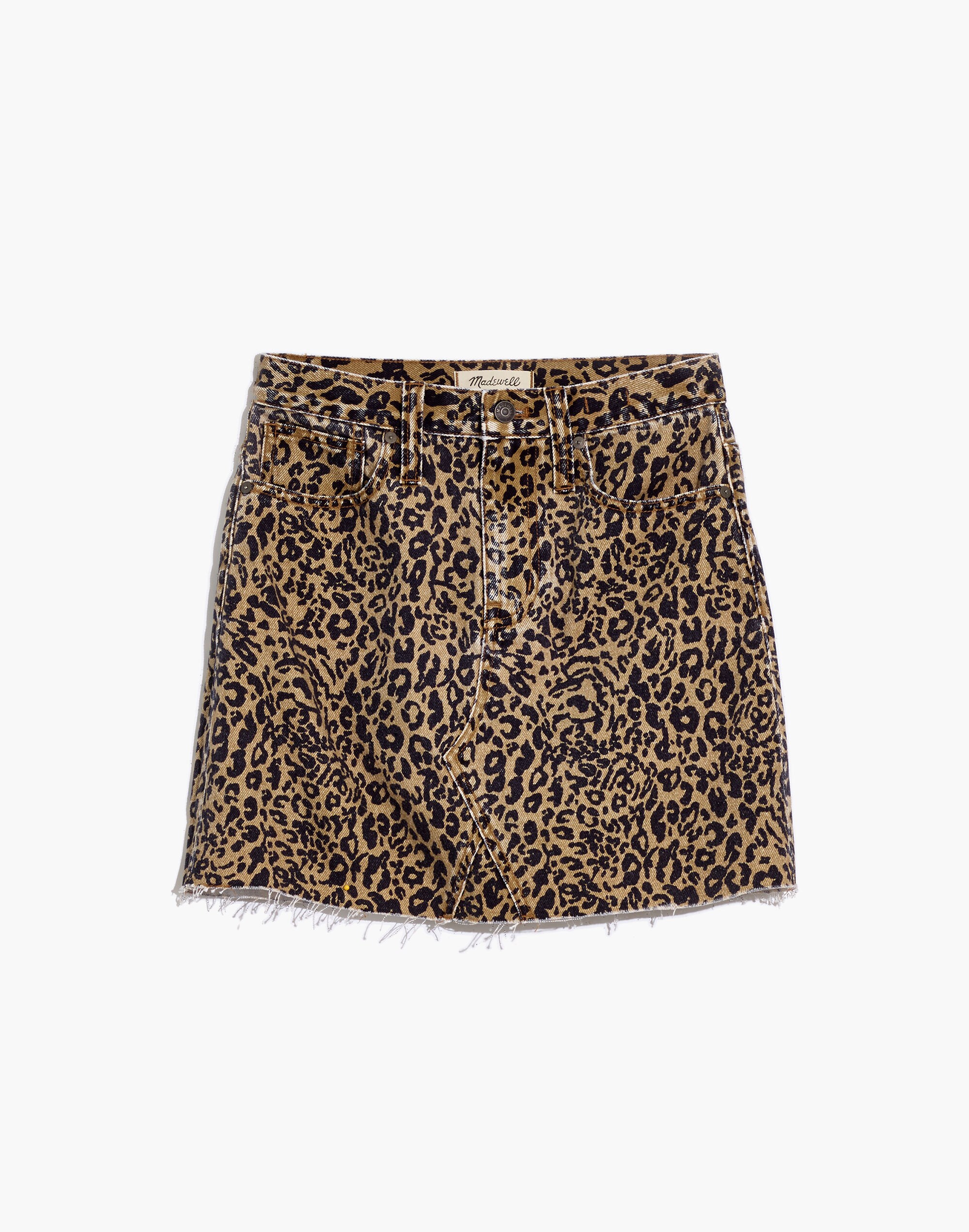 Rigid Denim A-Line Mini Skirt in Leopard