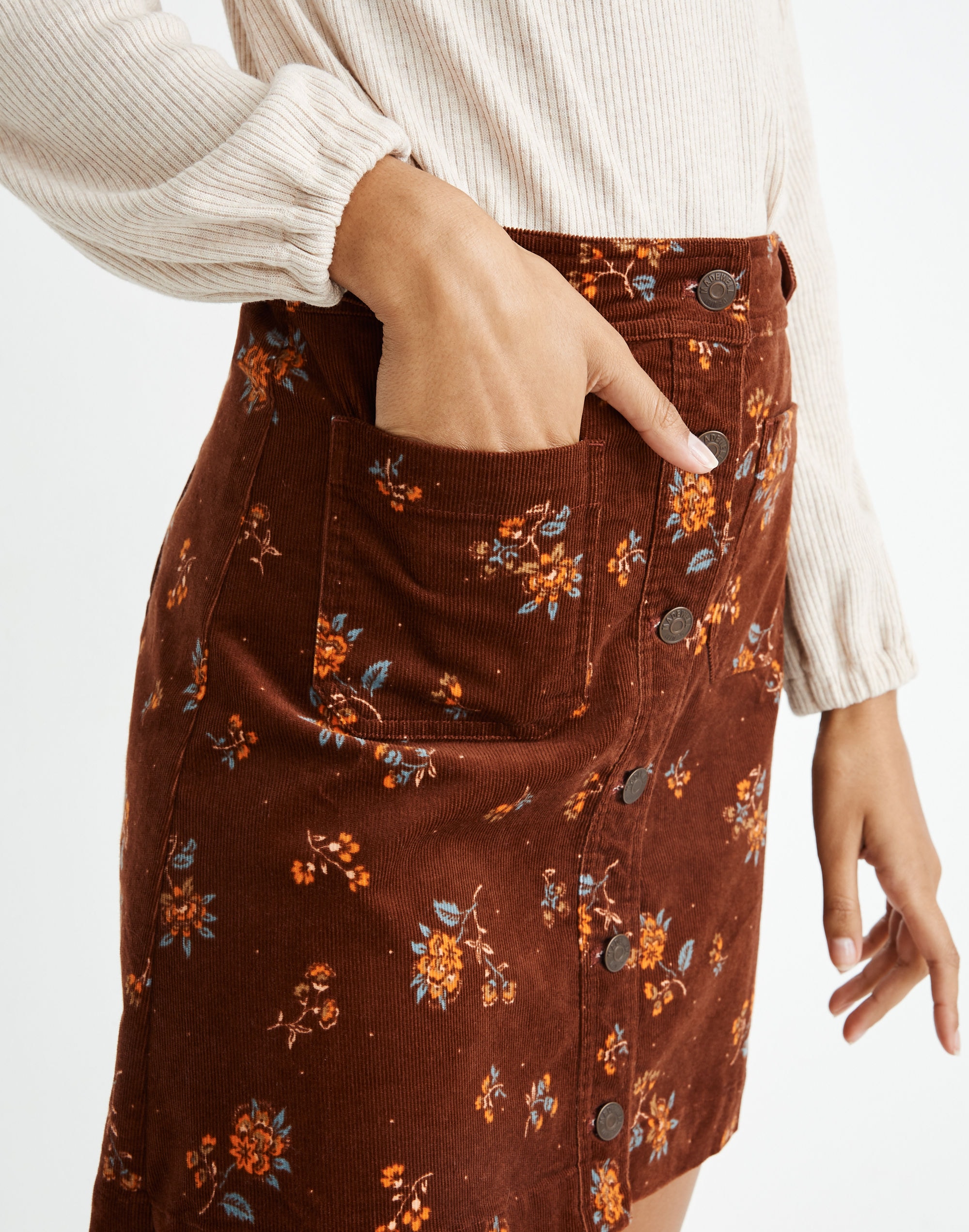 Corduroy A-Line Mini Skirt in Forest Floral: Patch Pocket Edition