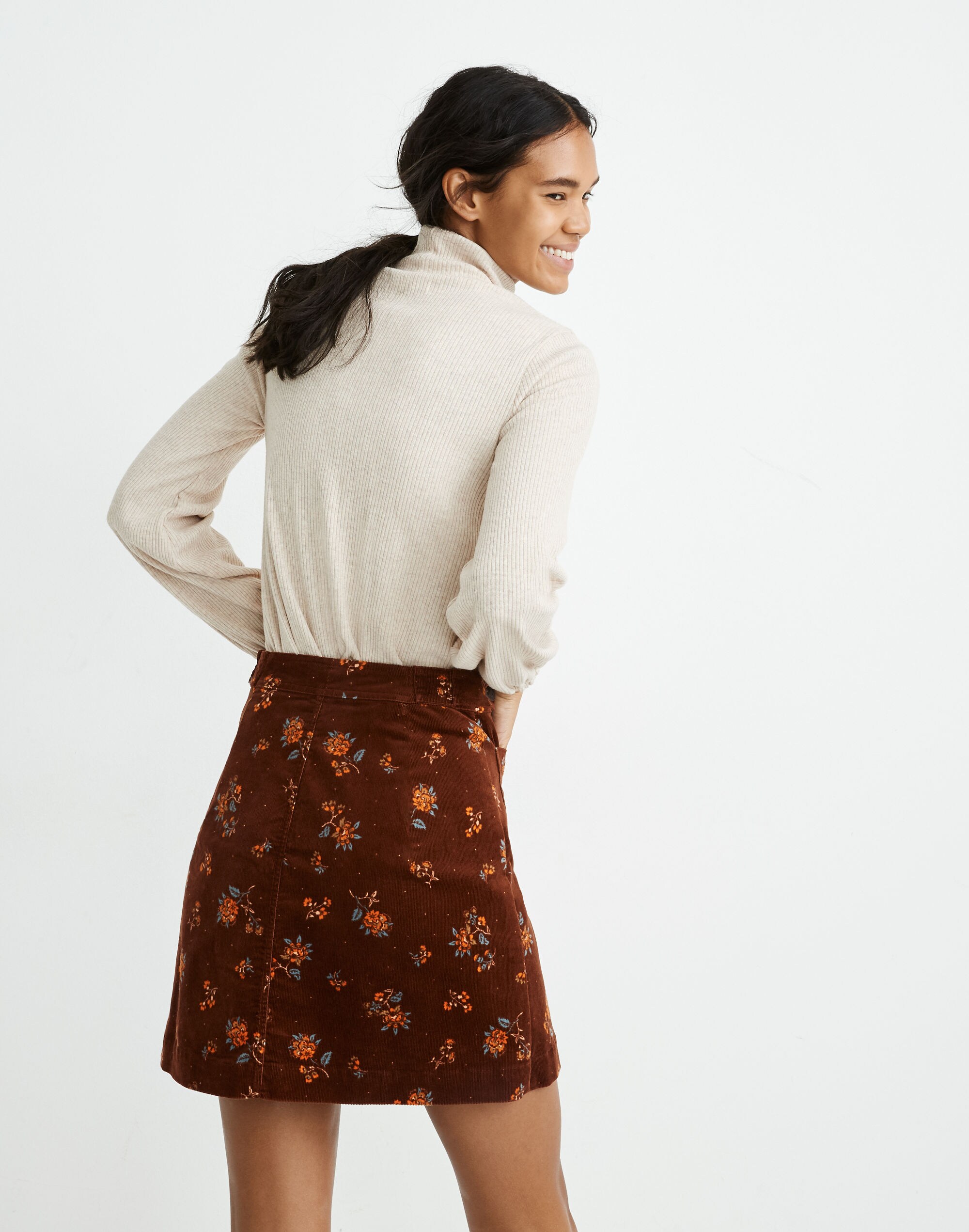 Corduroy A-Line Mini Skirt in Forest Floral: Patch Pocket Edition