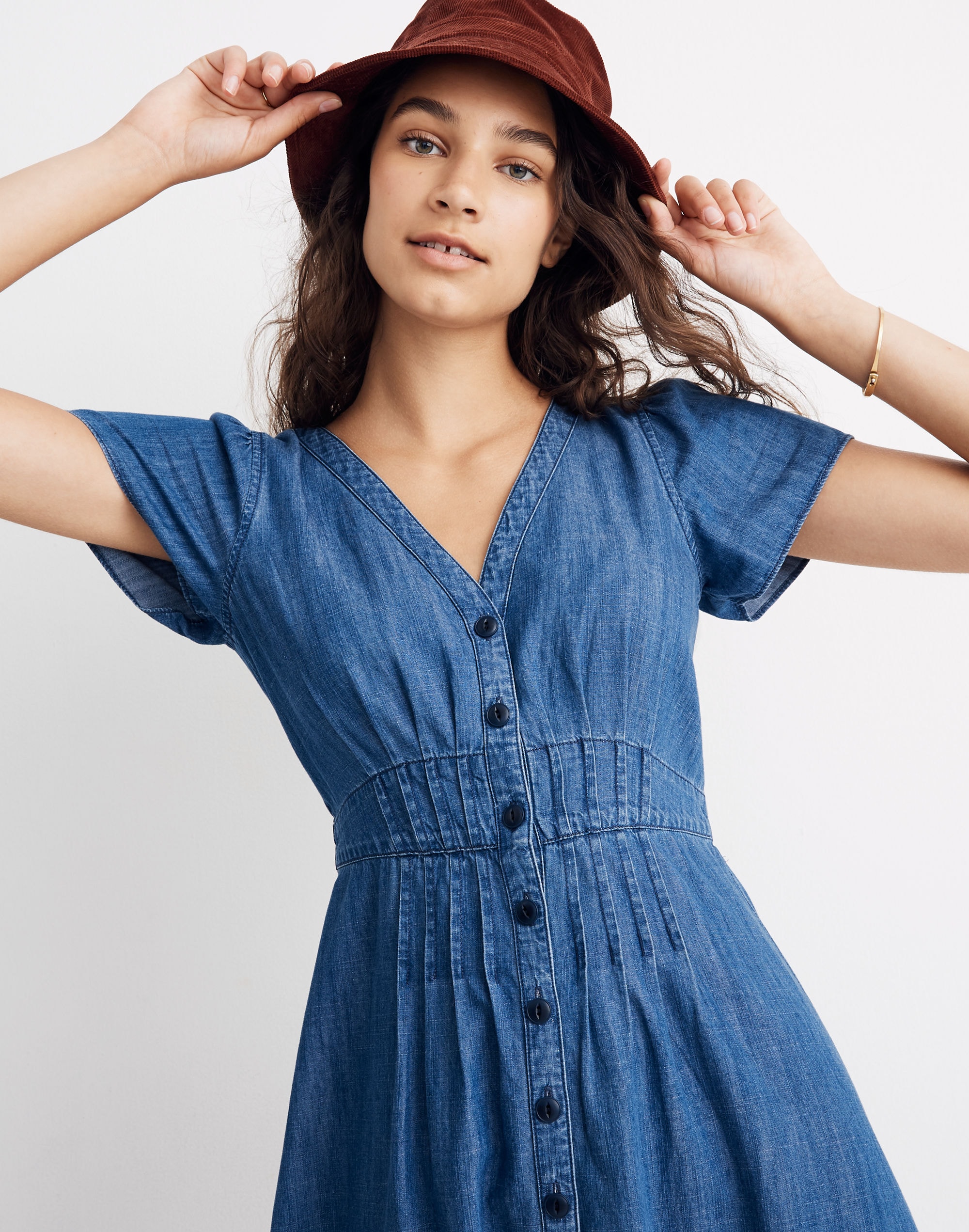 Denim Pleat-Waist Midi Dress