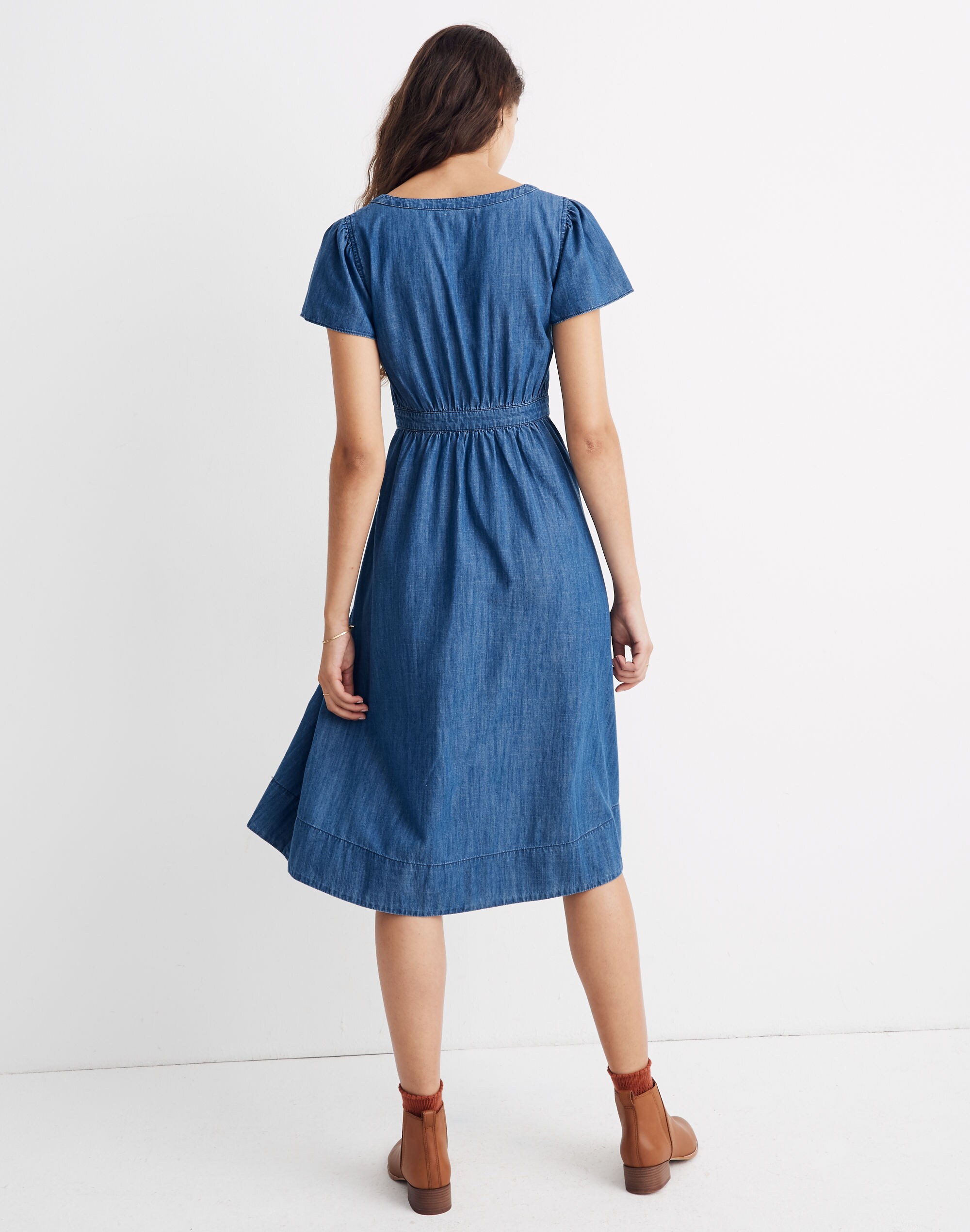 Denim Pleat-Waist Midi Dress