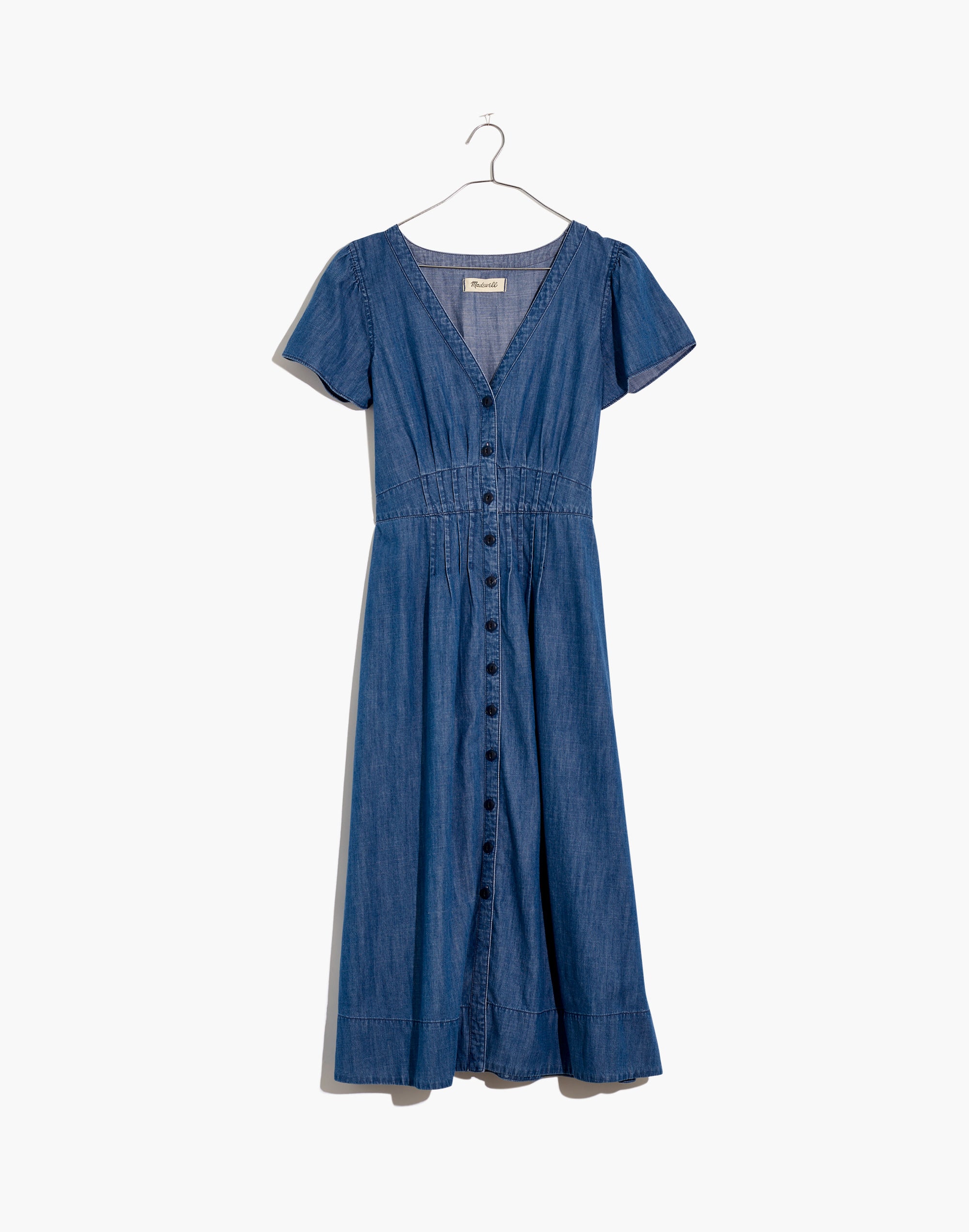 Denim Pleat-Waist Midi Dress