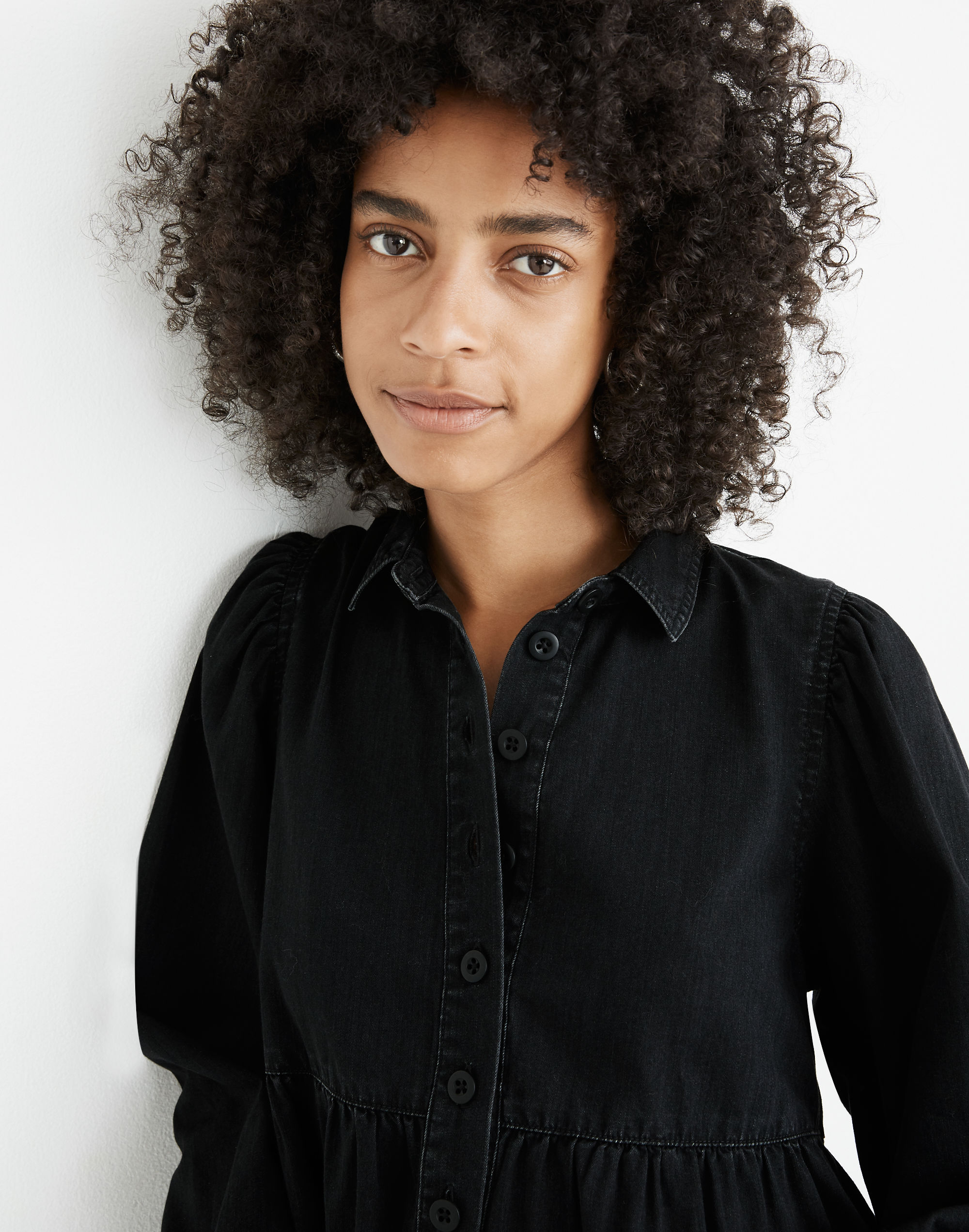 Denim Babydoll Shirtdress in Washed Black