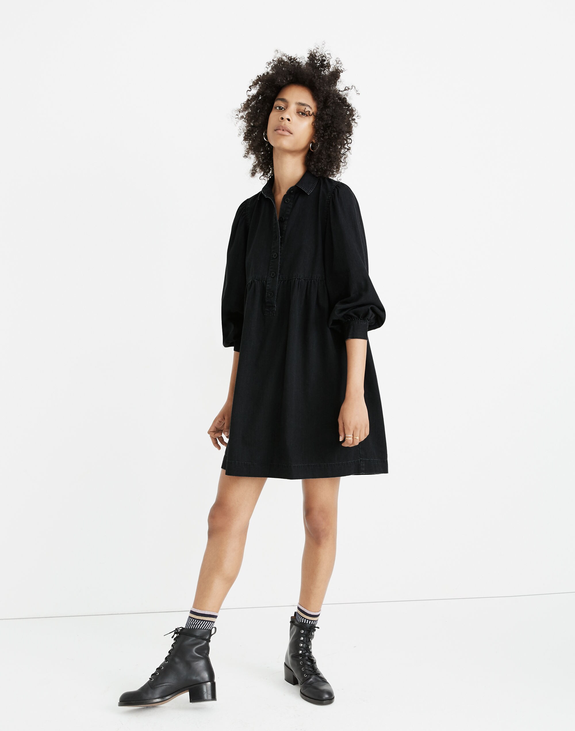 Denim Babydoll Shirtdress in Washed Black