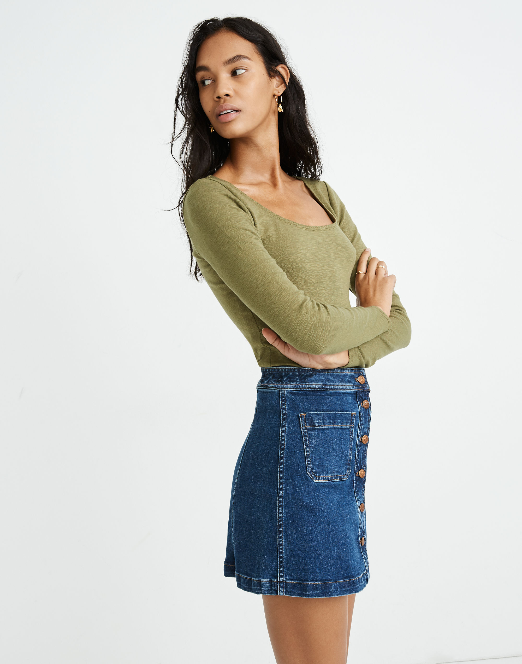 Stretch Denim A-Line Mini Skirt in Salisbury Wash: Patch Pocket Edition