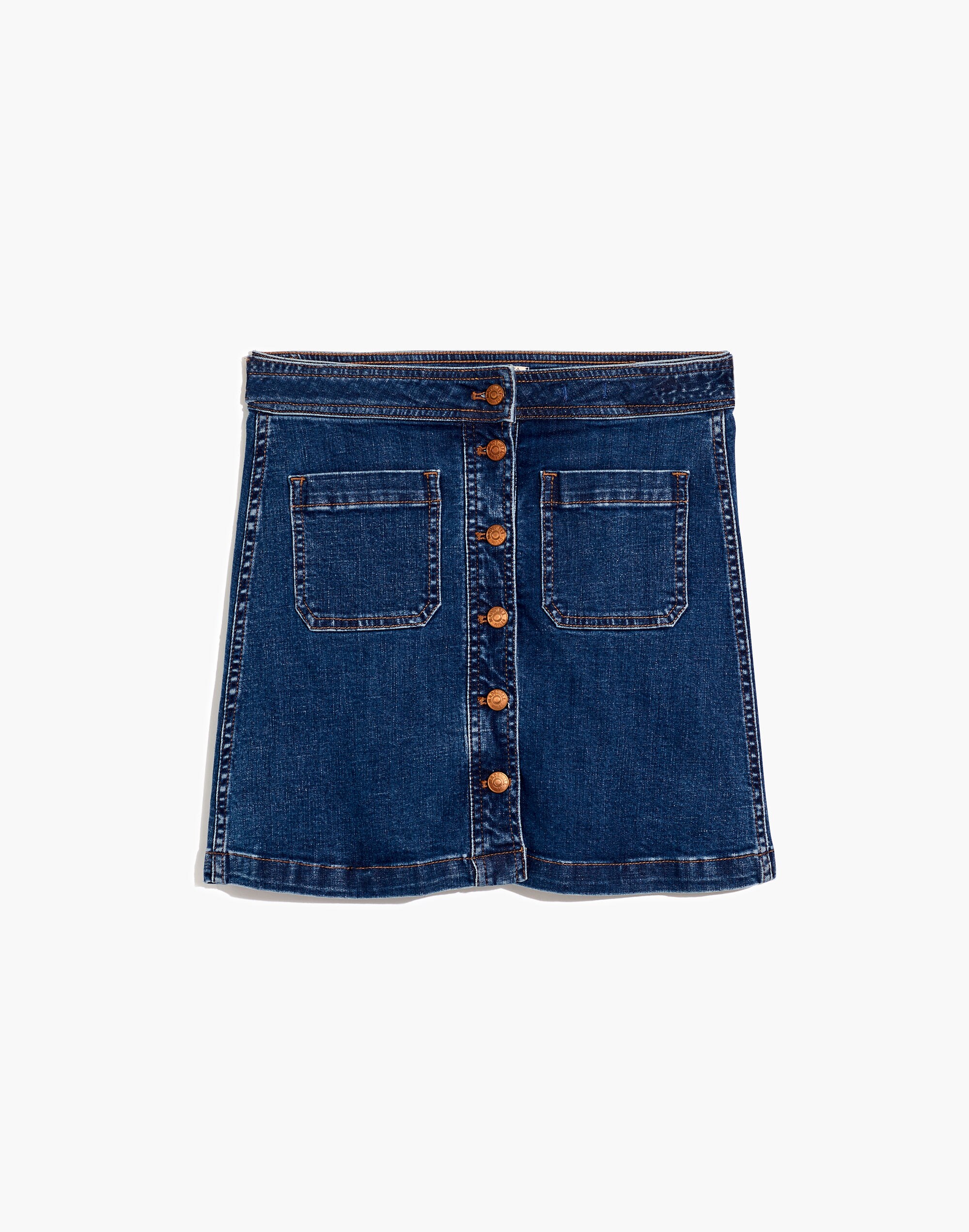 Stretch Denim A-Line Mini Skirt in Salisbury Wash: Patch Pocket Edition
