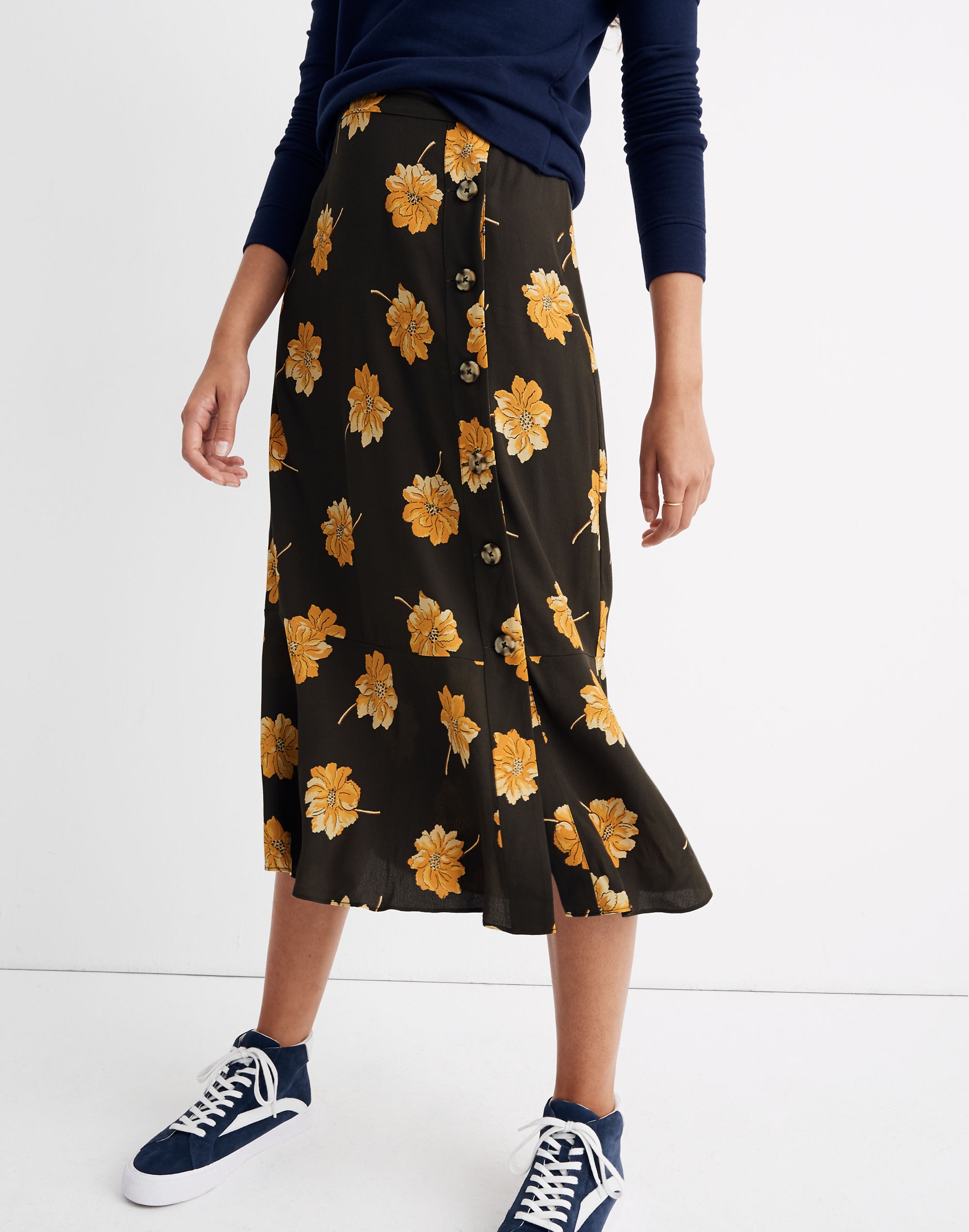 Side-Button Ruffle-Hem Midi Skirt in Fall Flowers