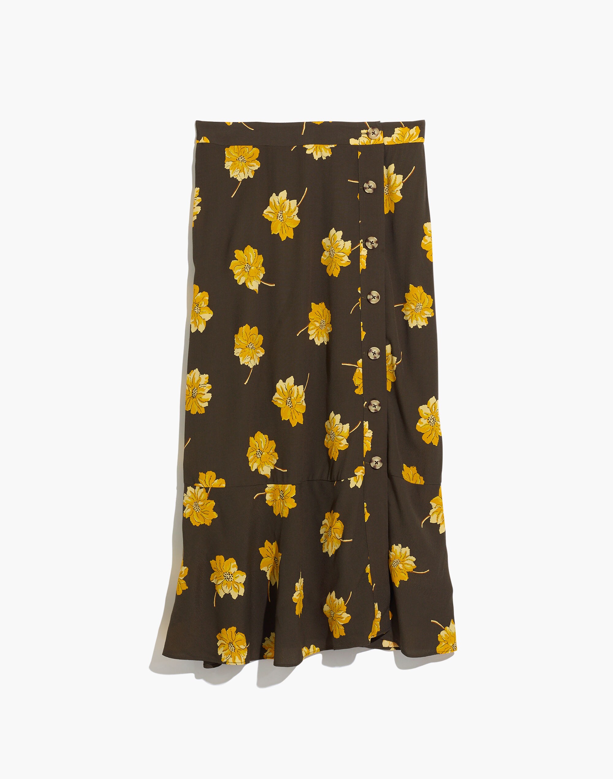 Side-Button Ruffle-Hem Midi Skirt in Fall Flowers