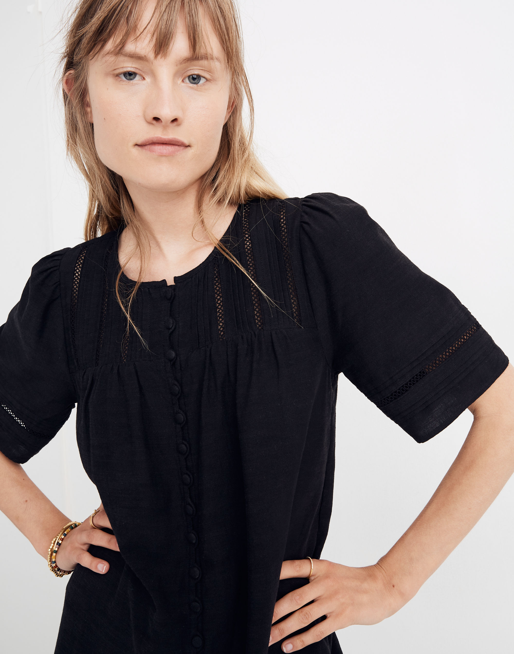 Pleated Button-Front Shift Dress