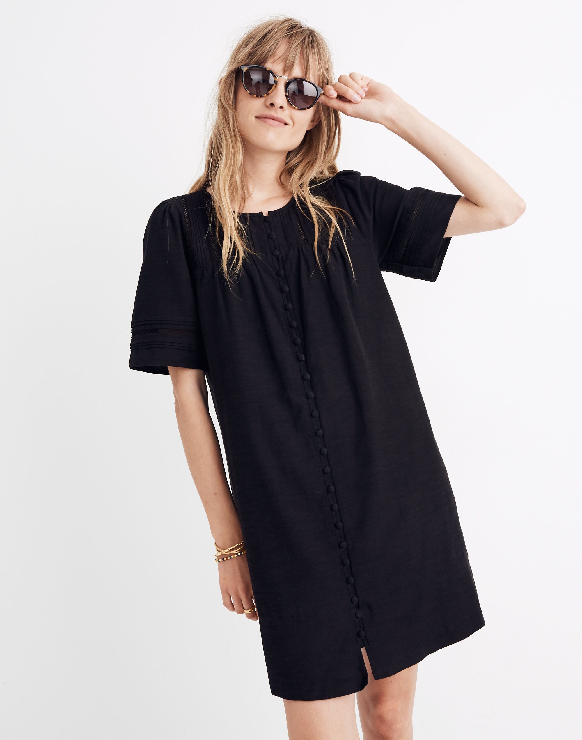 Pleated Button-Front Shift Dress