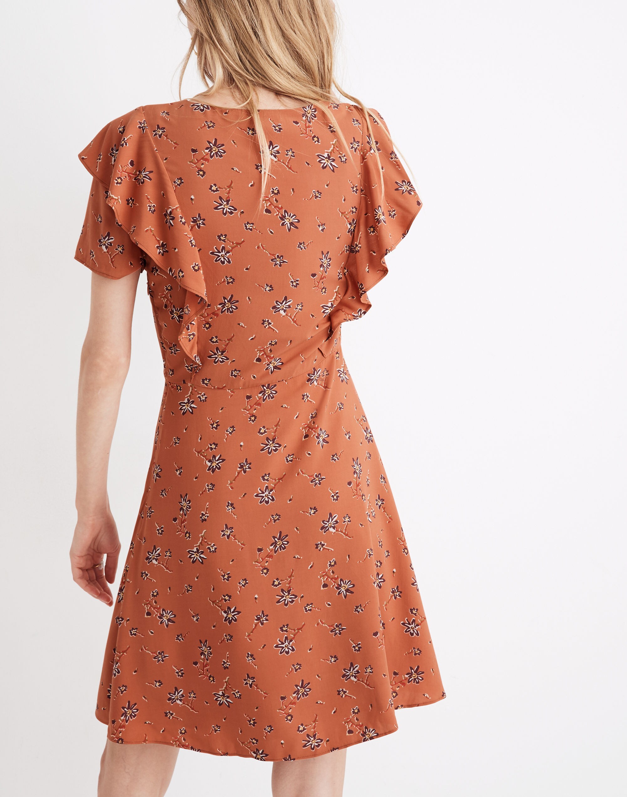 Flutter-Sleeve Button Dress in Ginger Floral