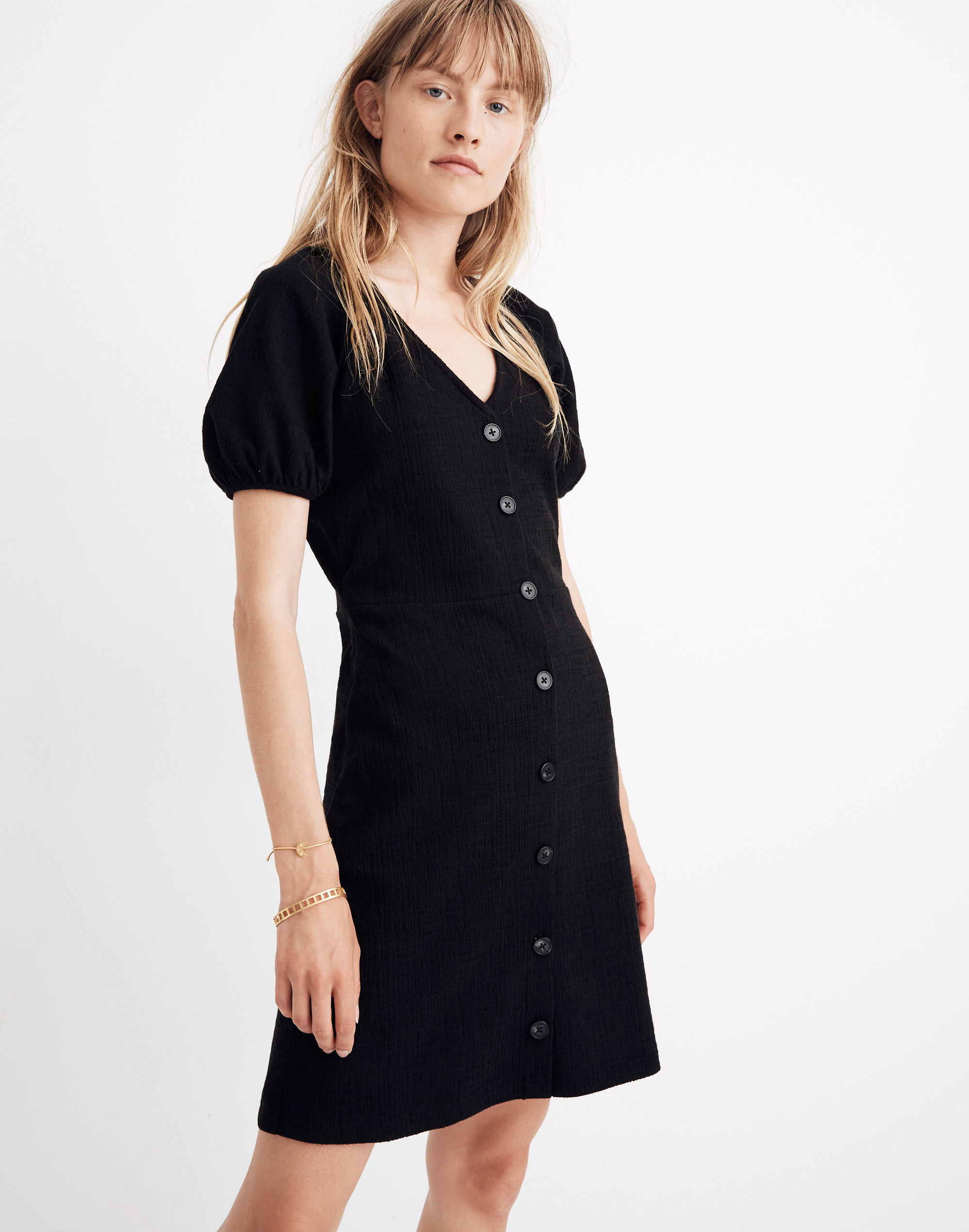 texture &amp; thread puff-sleeve dress