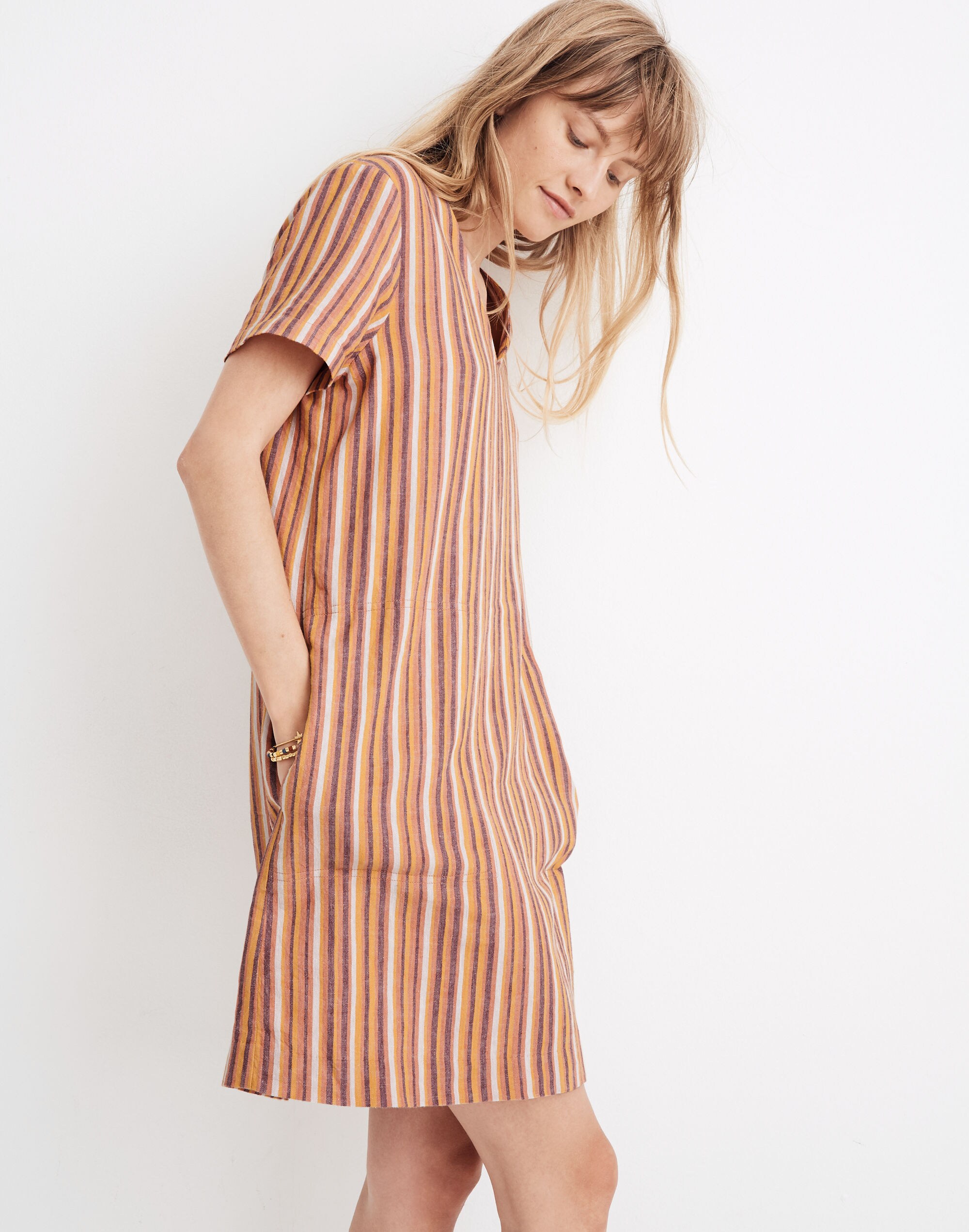 Button-Back Easy Dress in Rainbow Stripe