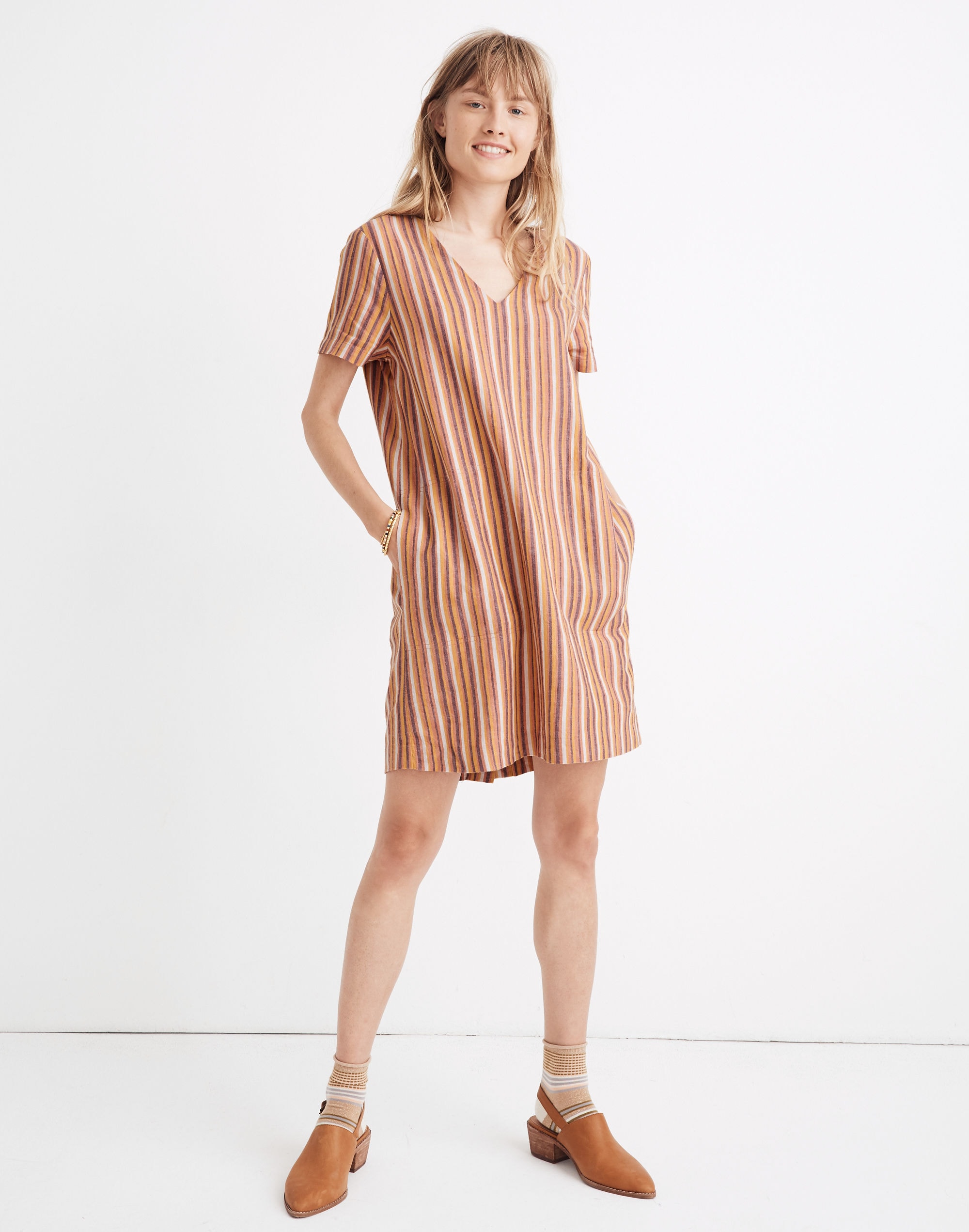 Button-Back Easy Dress in Rainbow Stripe