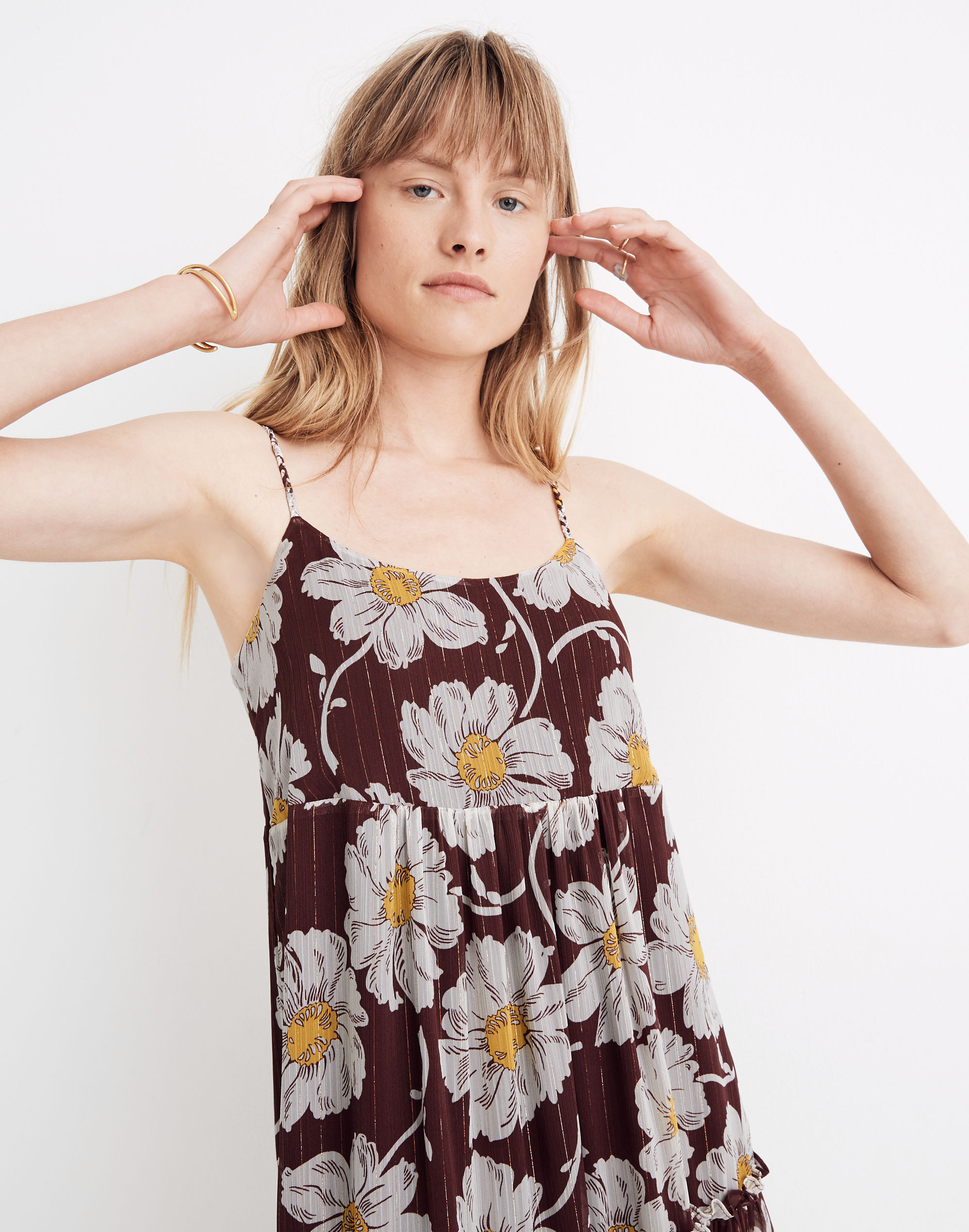 Braided-Strap Tier Midi Dress in Metallic Big Time Blooms
