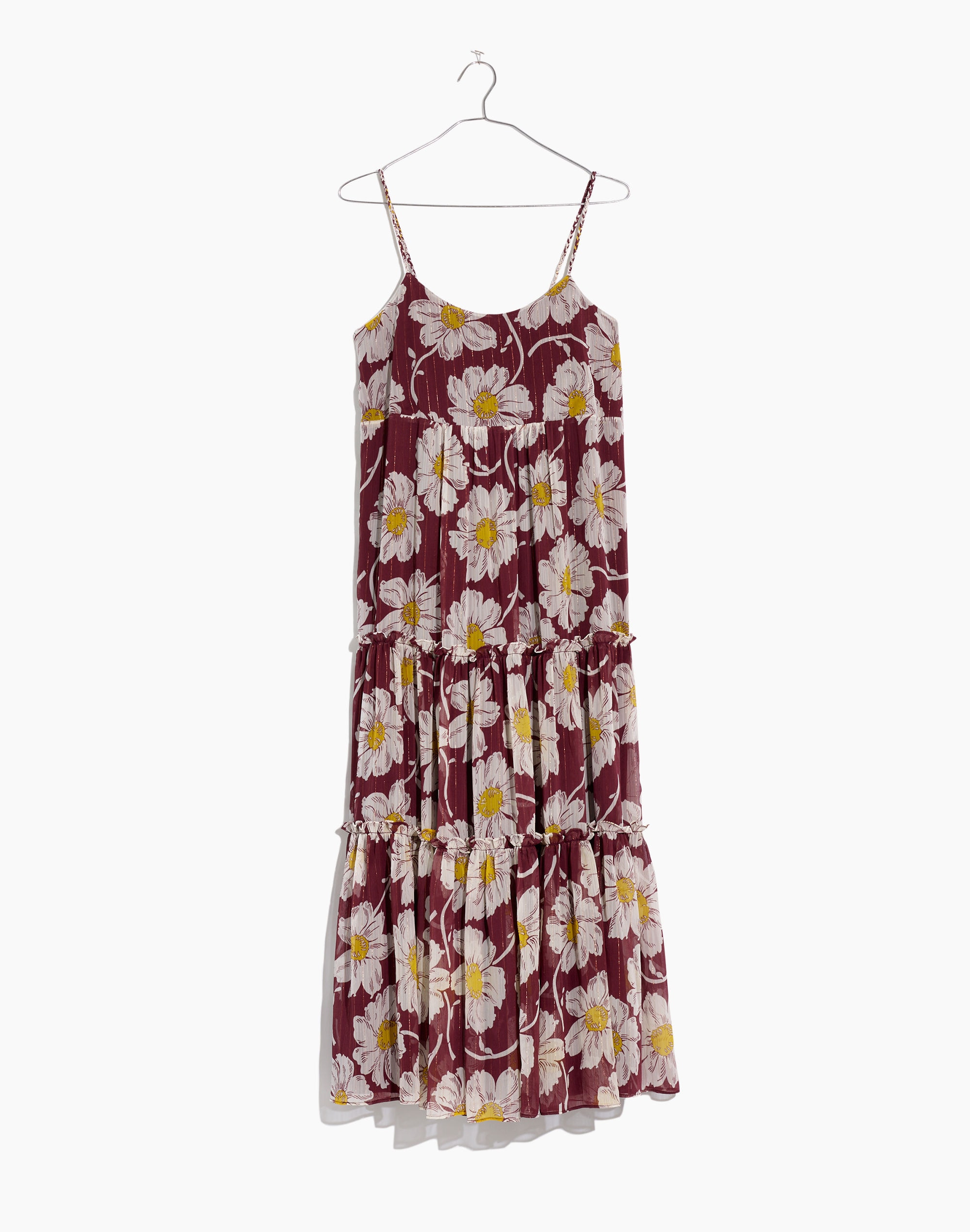 Braided-Strap Tier Midi Dress in Metallic Big Time Blooms