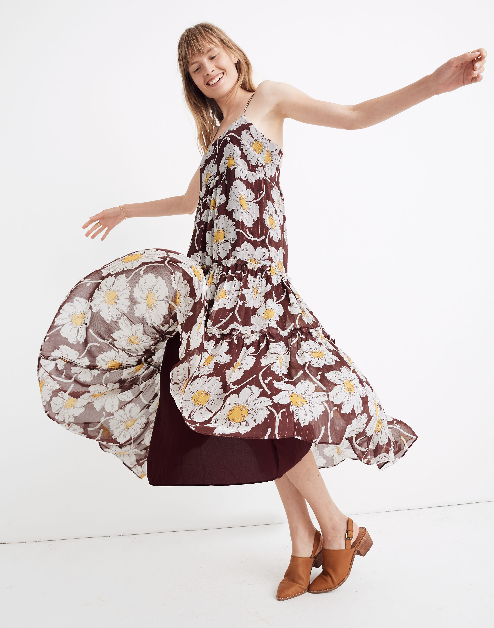 Braided-Strap Tier Midi Dress in Metallic Big Time Blooms