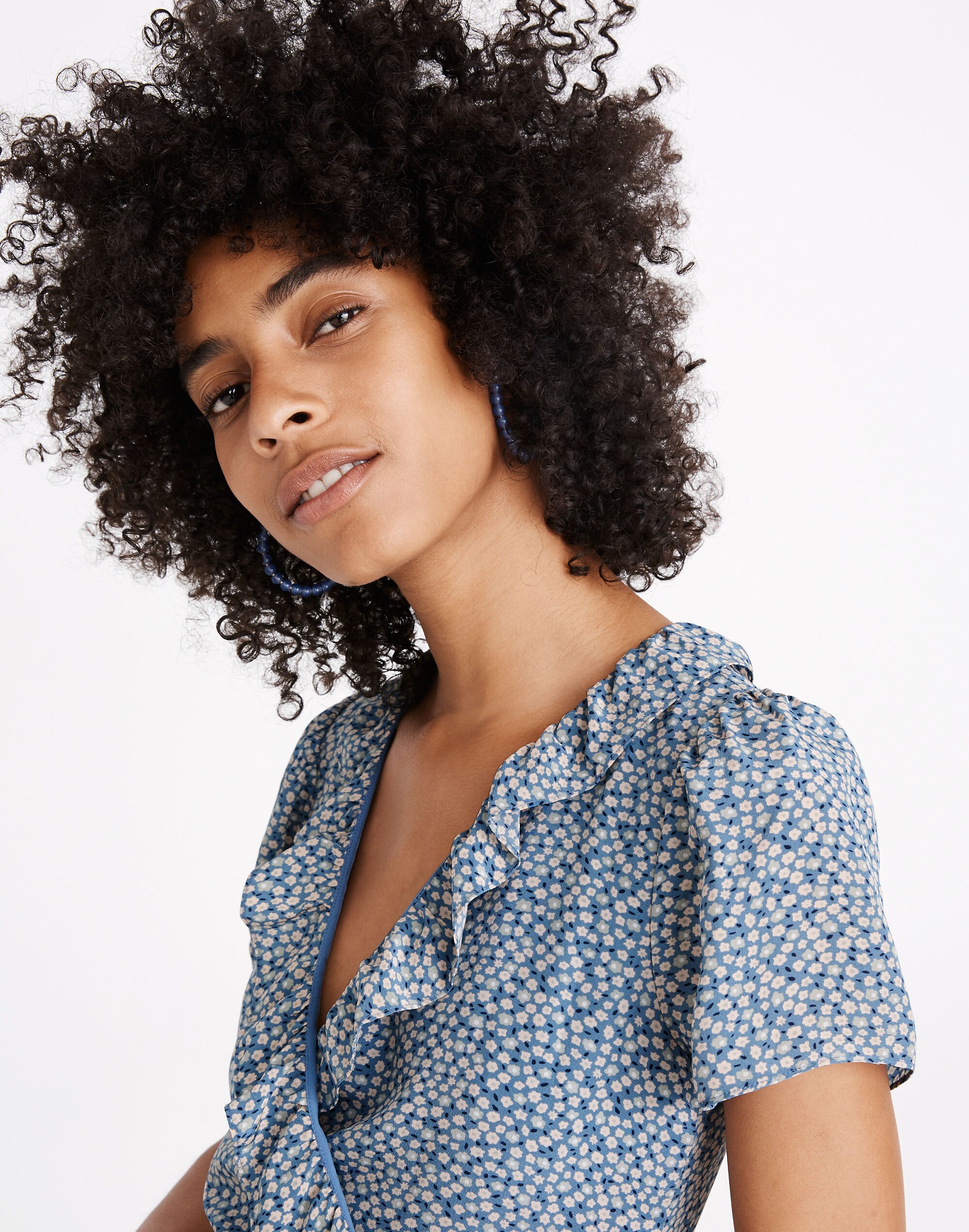 madewell silk ruffle dress Silk Ruffle-Sleeve Button-Front Dress in Little Lilies