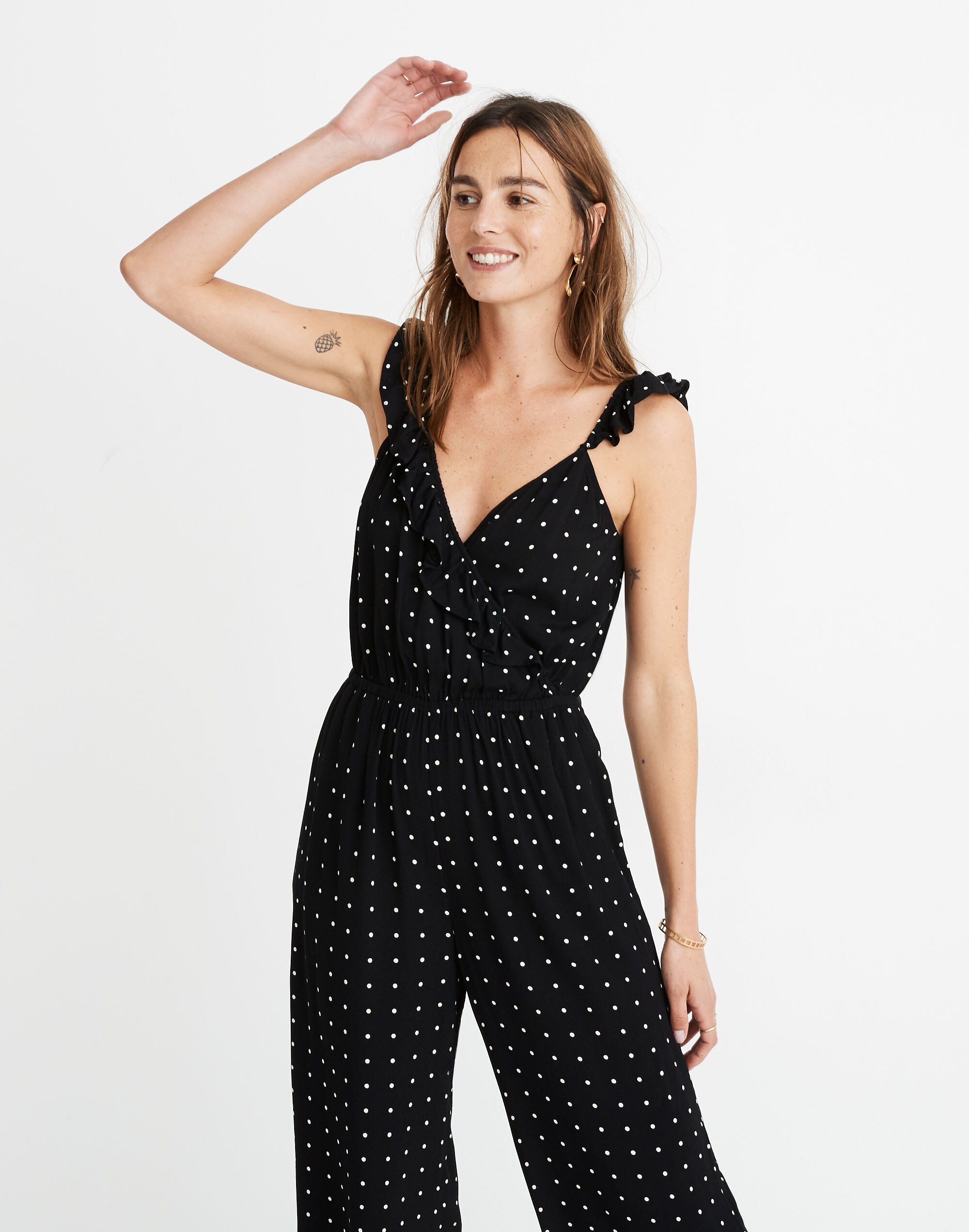 Ruffle-Front Wrap Jumpsuit in Grid Dot