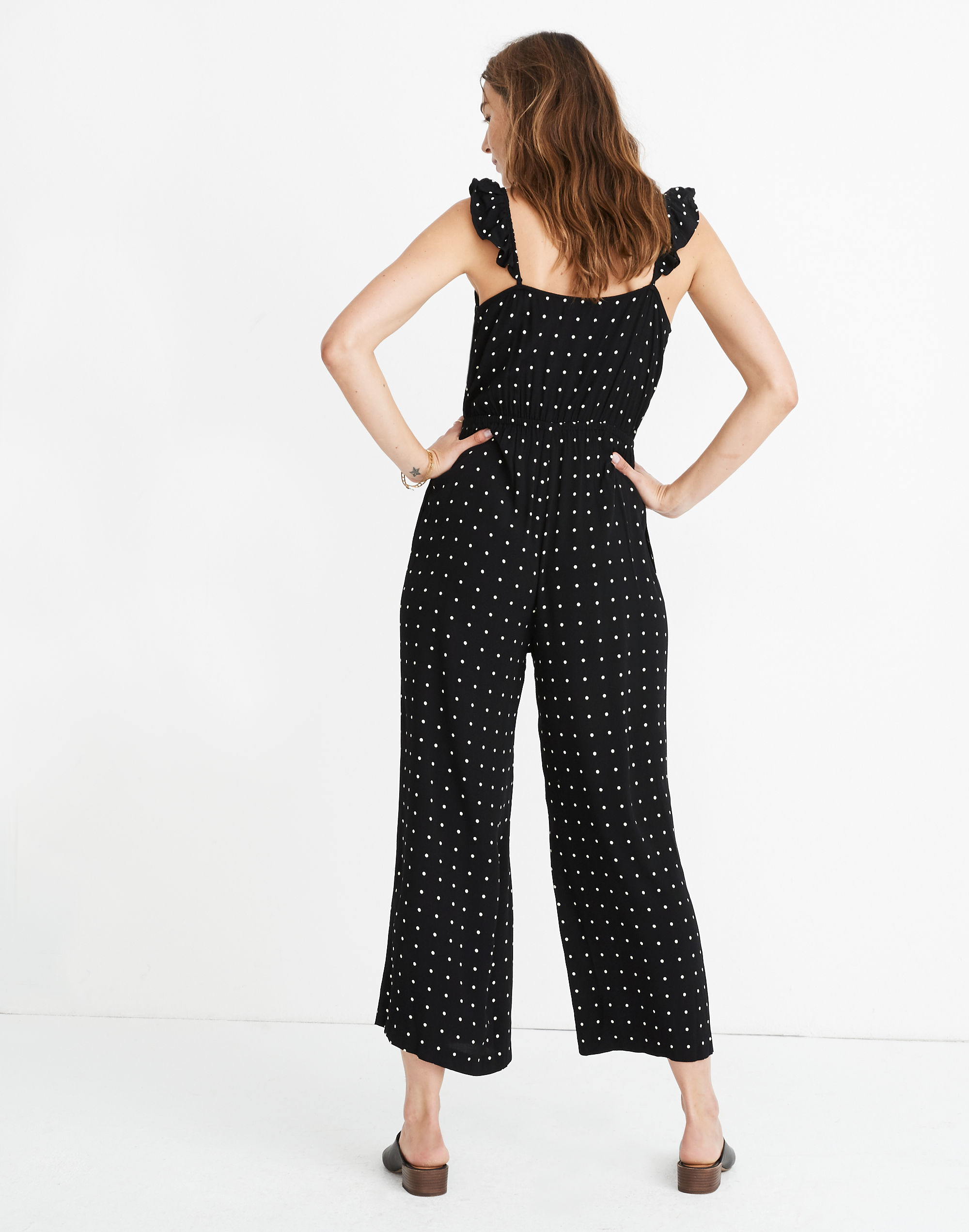 Petite Ruffle-Front Wrap Jumpsuit in Grid Dot