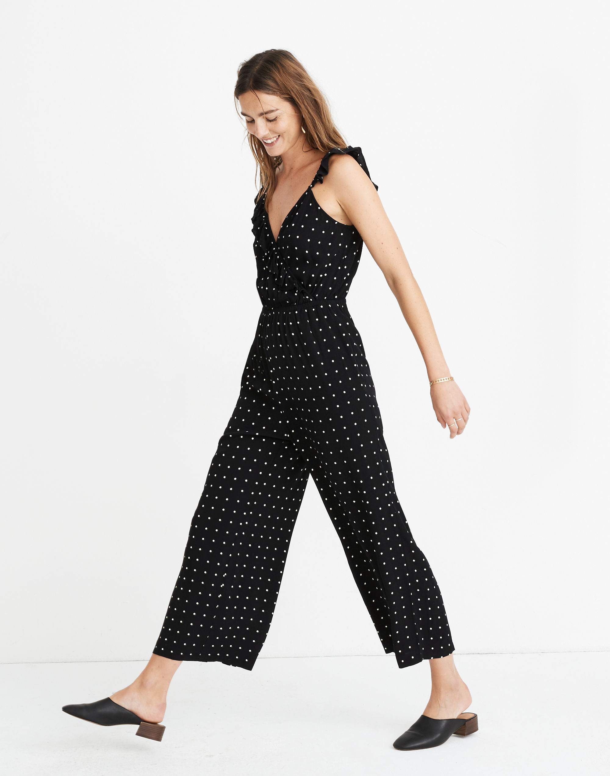 Ruffle-Front Wrap Jumpsuit in Grid Dot