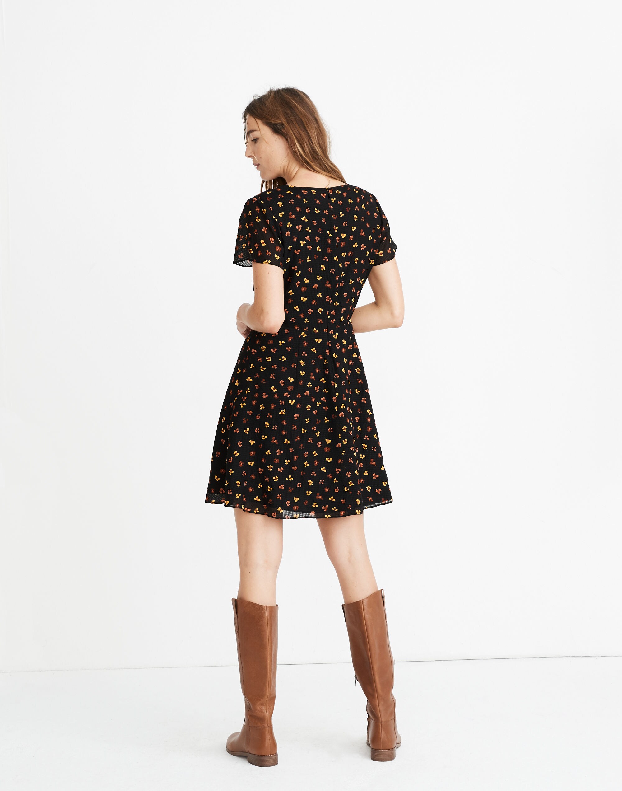 Silk Button-Front Swing Dress in Feline Floral