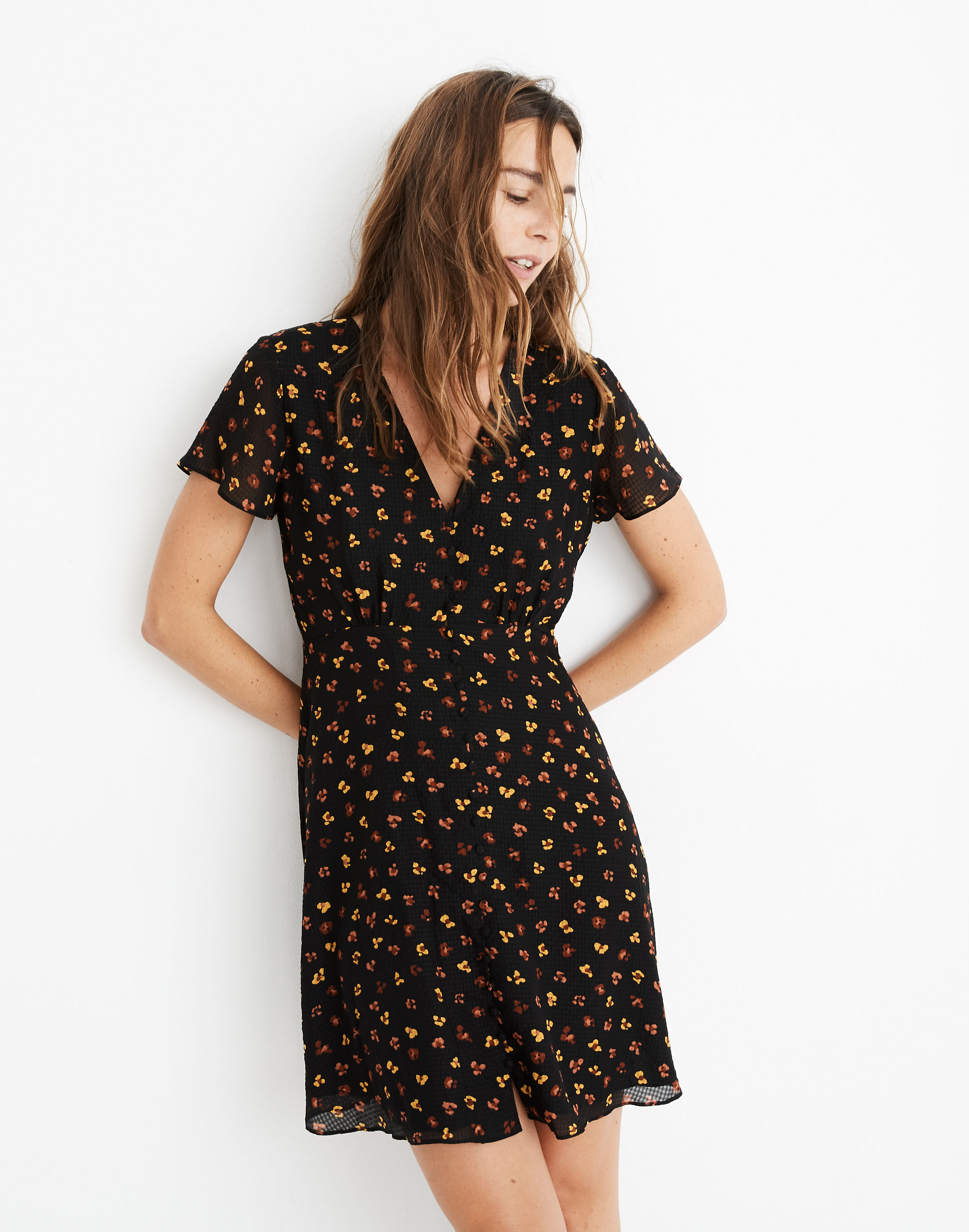 Silk Button-Front Swing Dress in Feline Floral