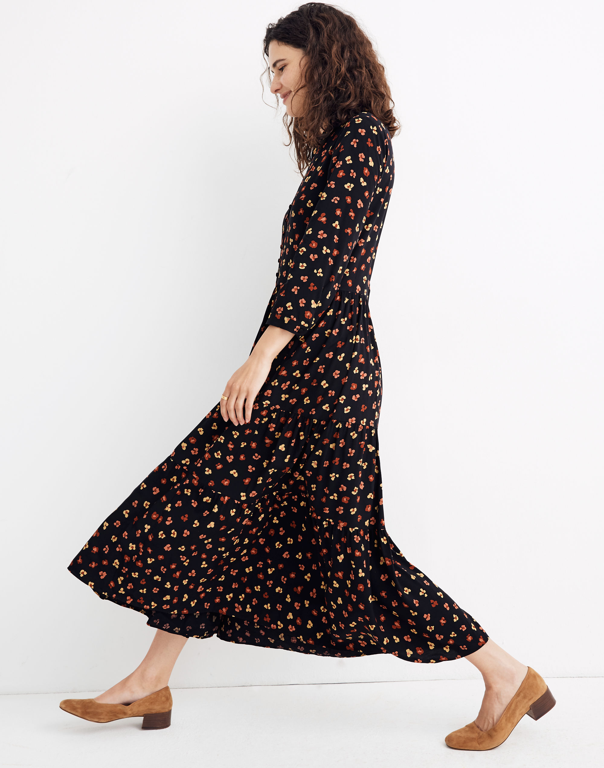 Button-Front Tier Midi Dress in Feline Floral