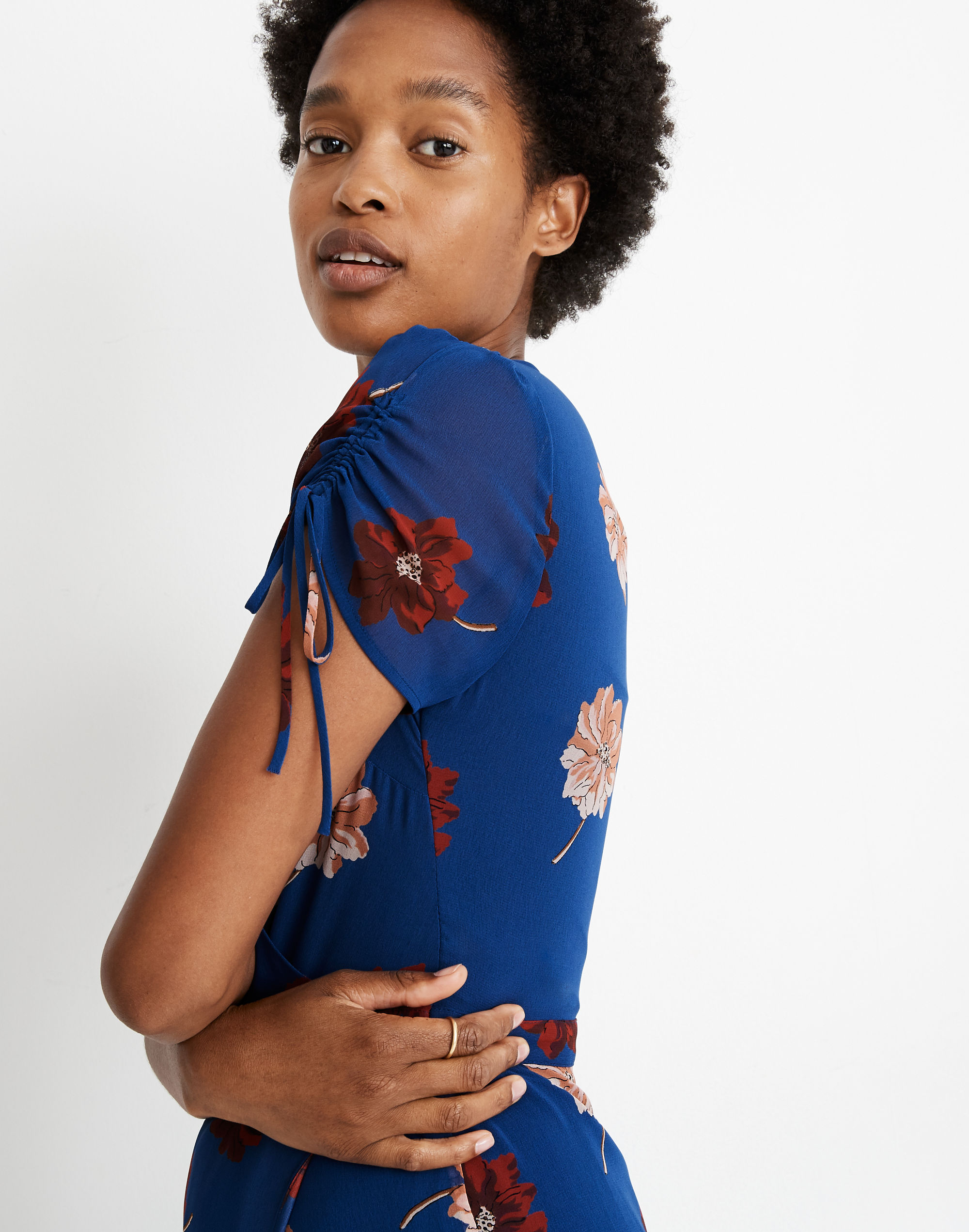 Georgette Cinched-Sleeve Maxi Dress in Fall Flowers