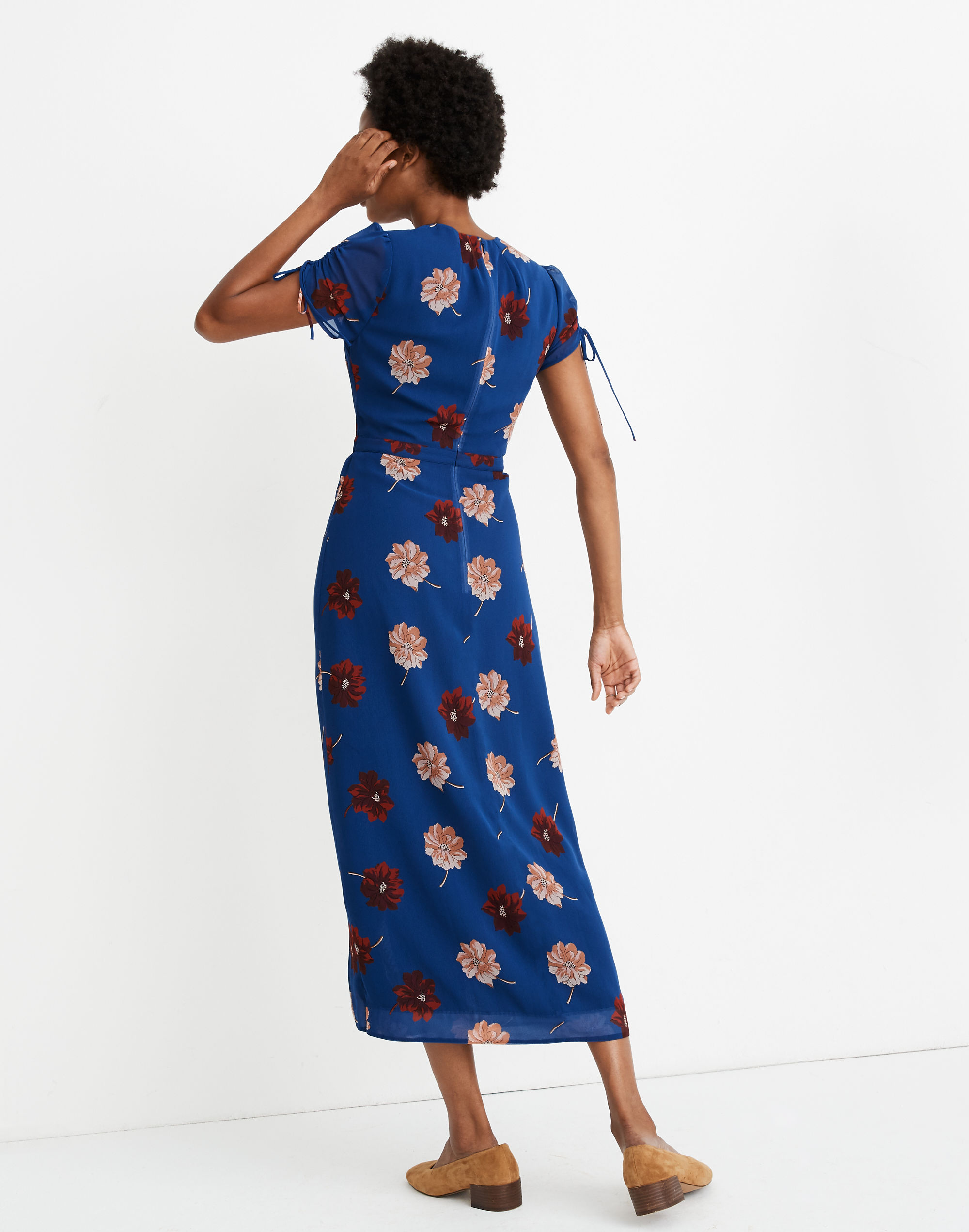 Georgette Cinched-Sleeve Maxi Dress in Fall Flowers