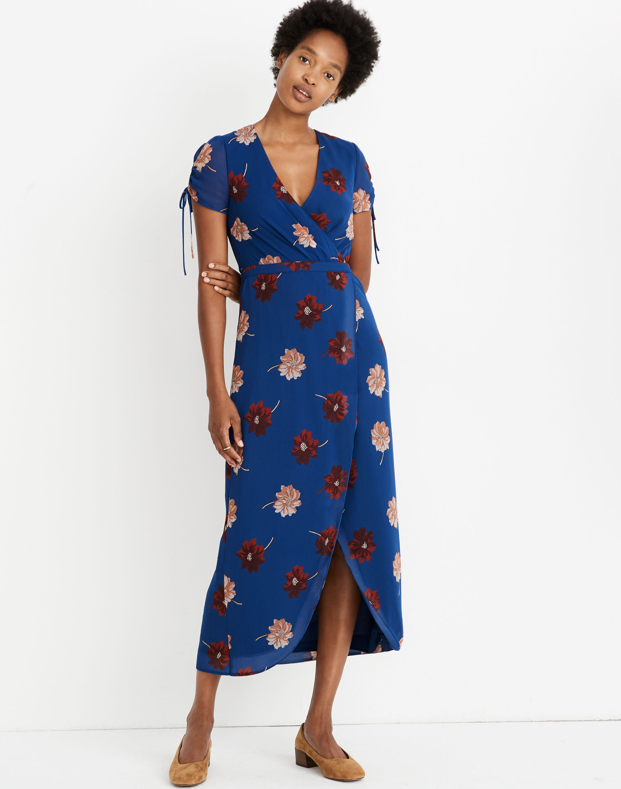 Georgette Cinched-Sleeve Maxi Dress in Fall Flowers