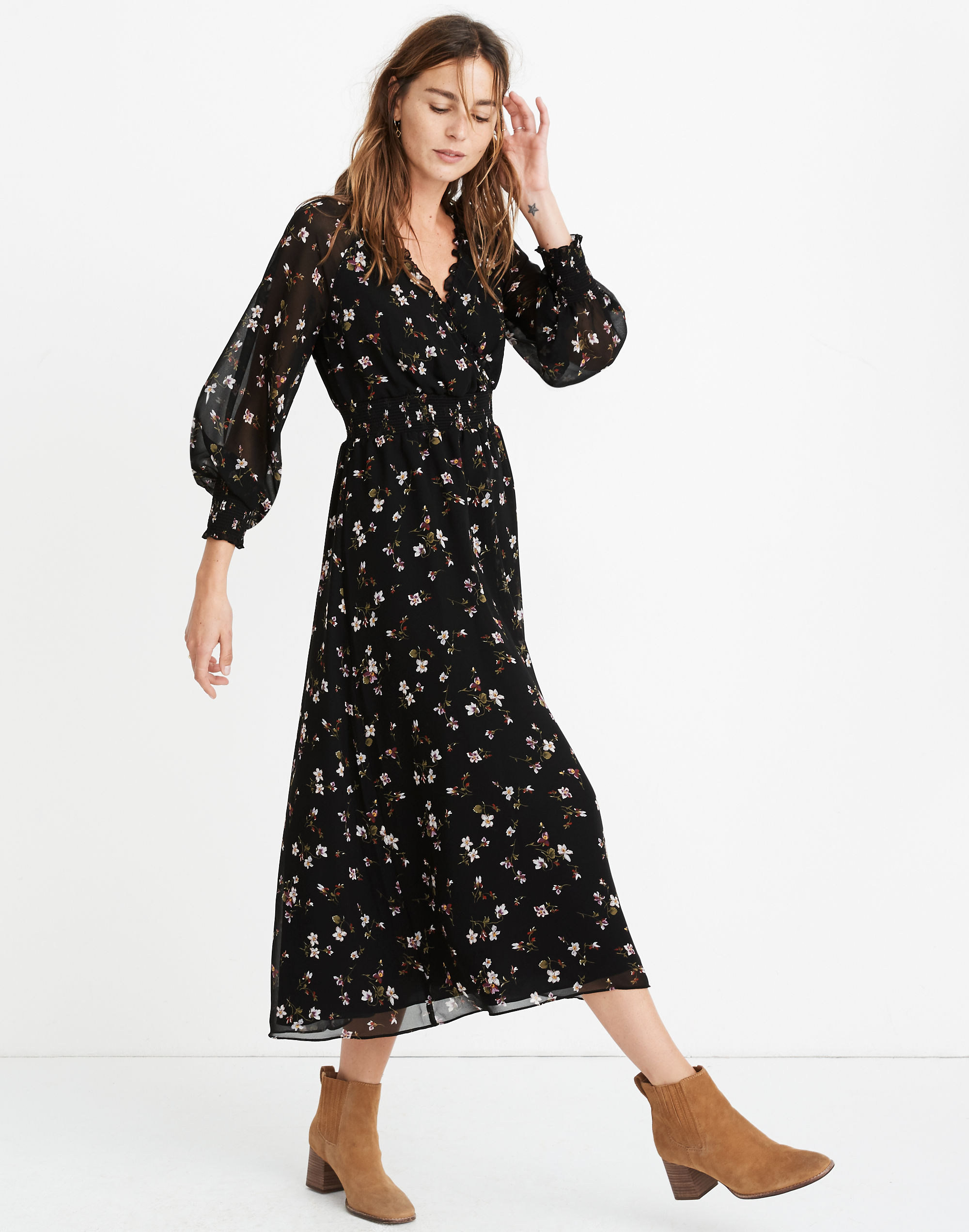 georgette smocked midi dress in backyard blooms
