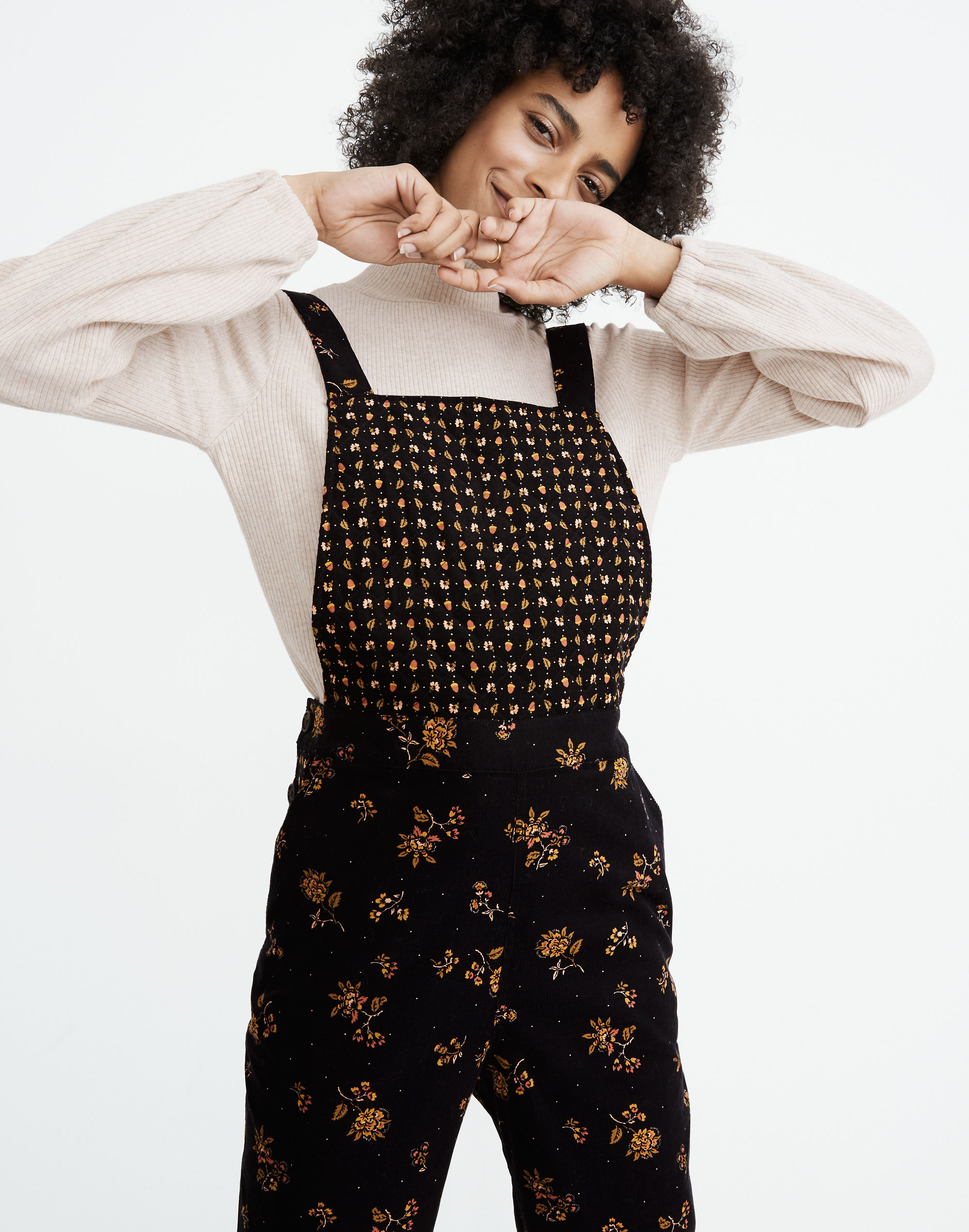 Corduroy Cross-Back Overalls in Forest Floral Mix