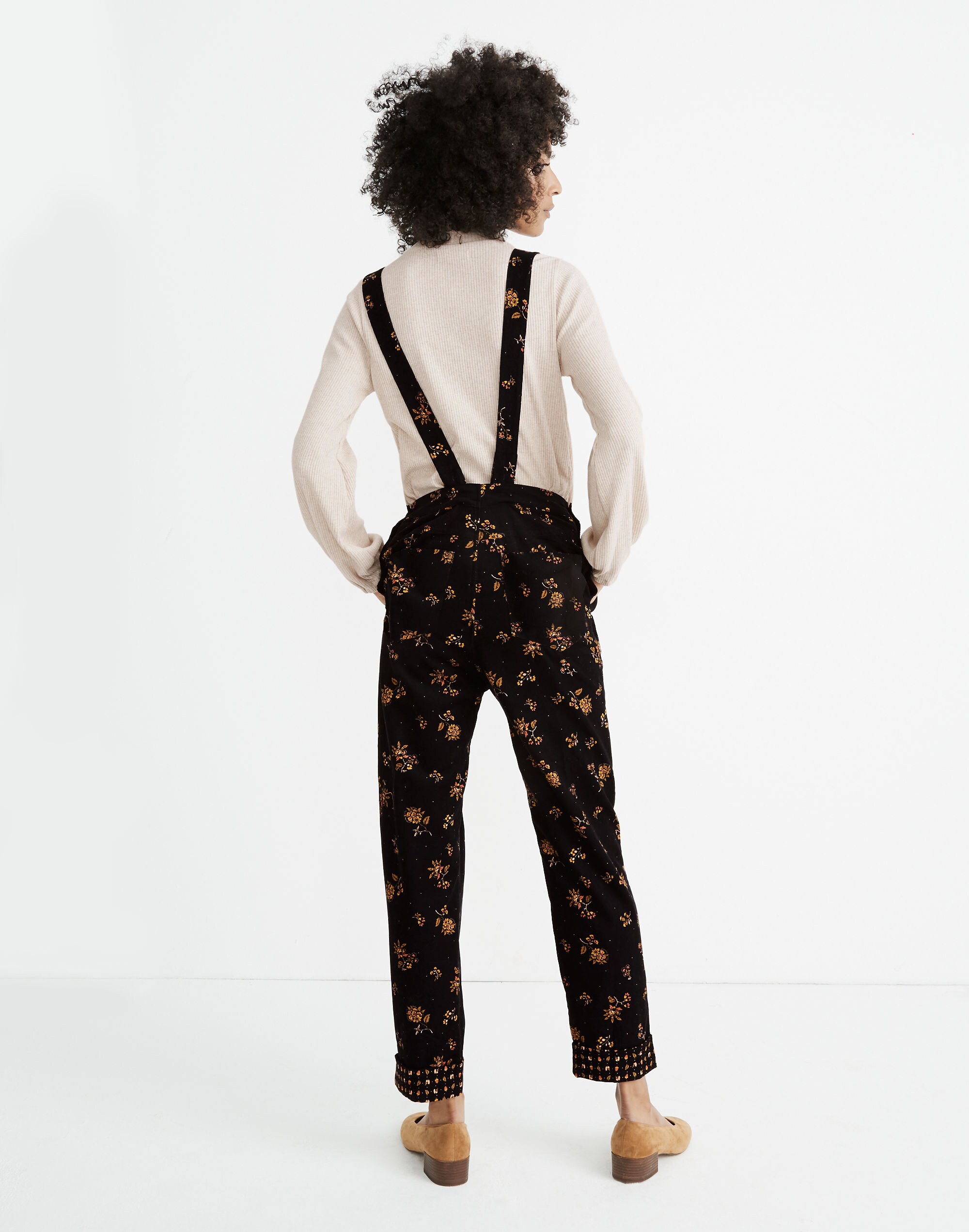 Corduroy Cross-Back Overalls in Forest Floral Mix